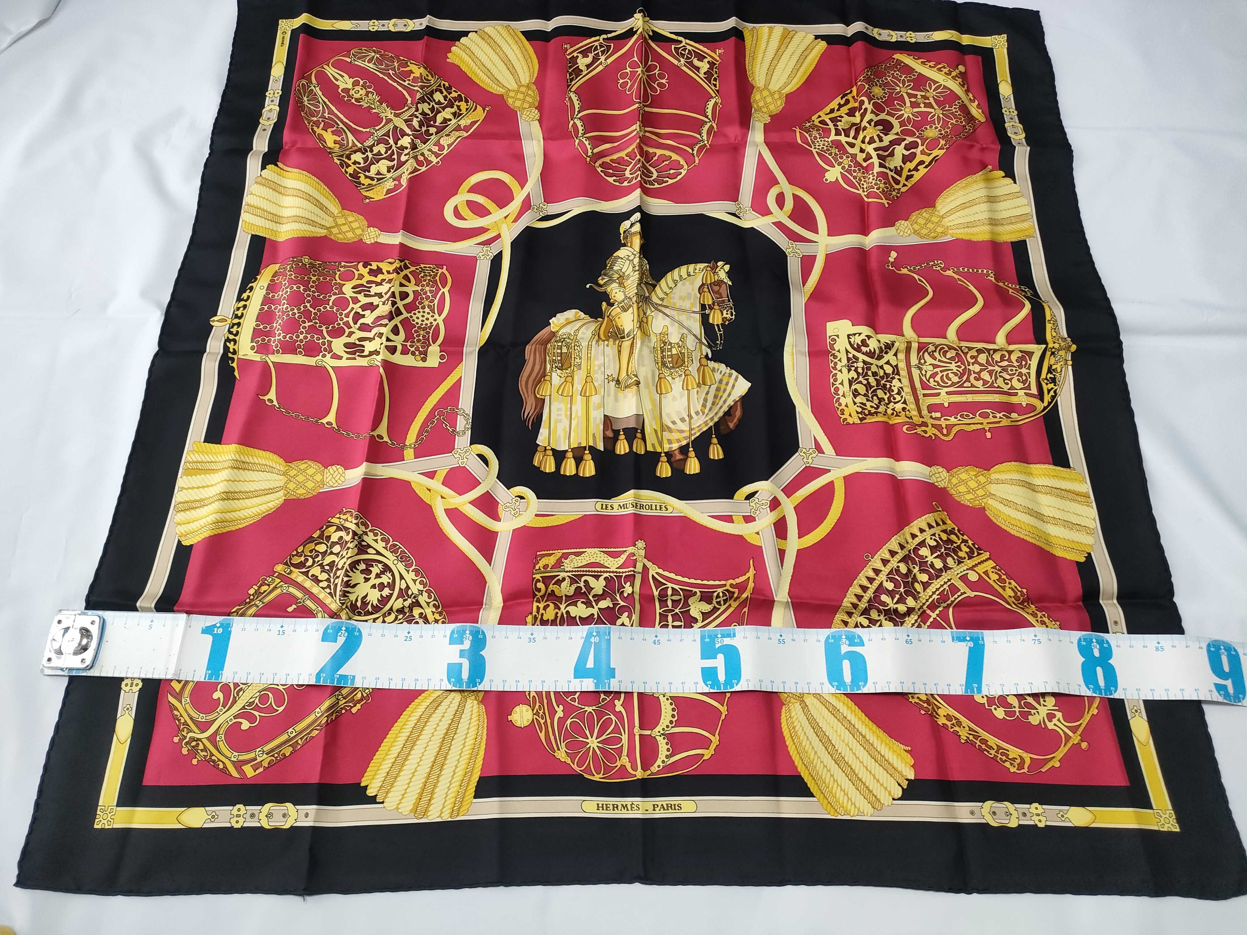 Vintage Hermes Les Muserolles Red and Black Silk Carre 90