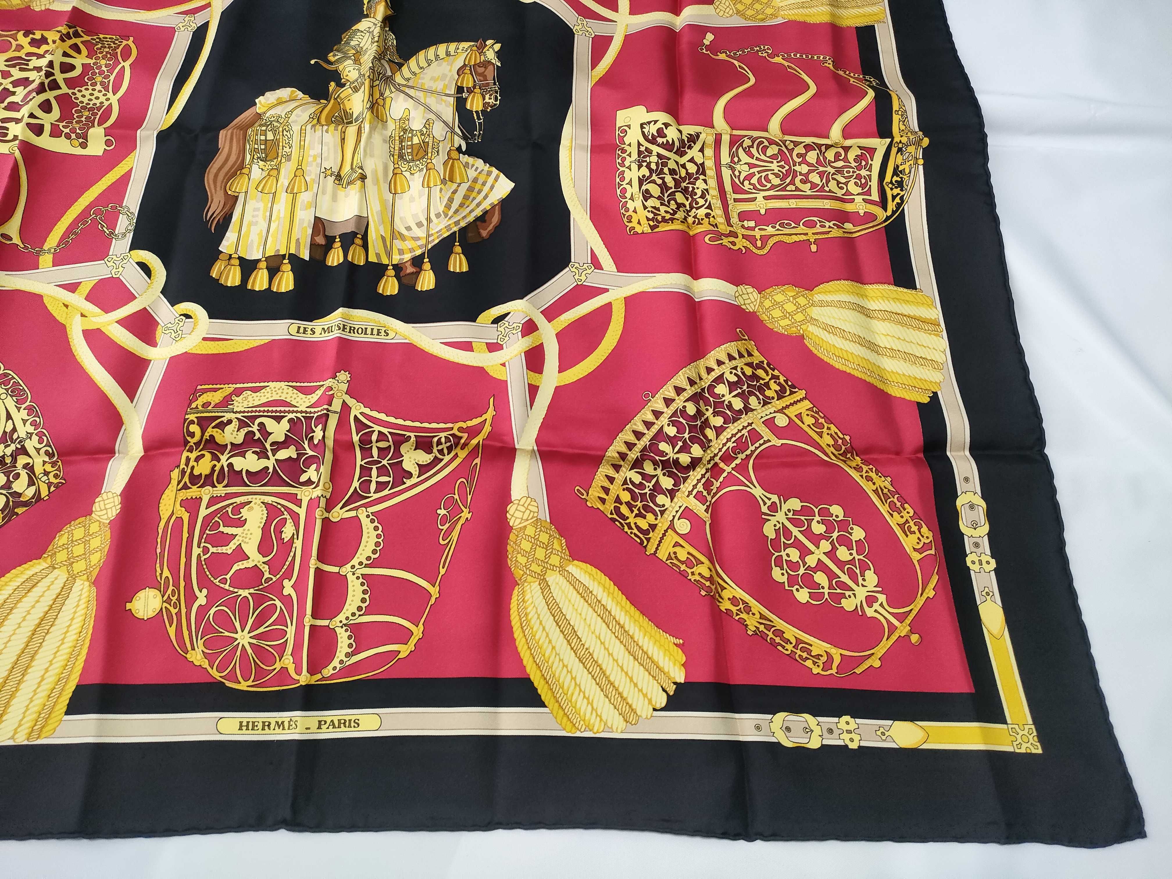Vintage Hermes Les Muserolles Red and Black Silk Carre 90