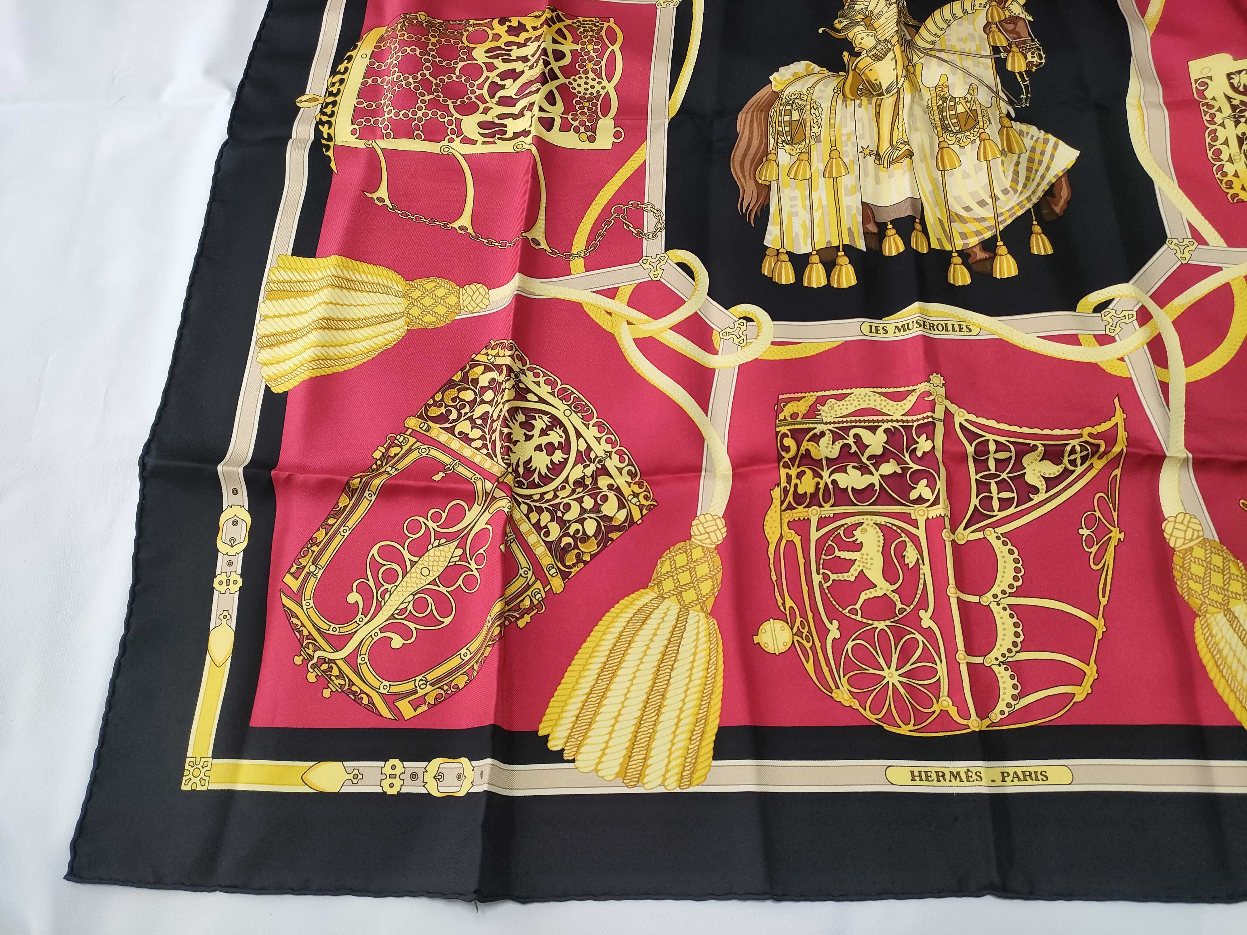Vintage Hermes Les Muserolles Red and Black Silk Carre 90