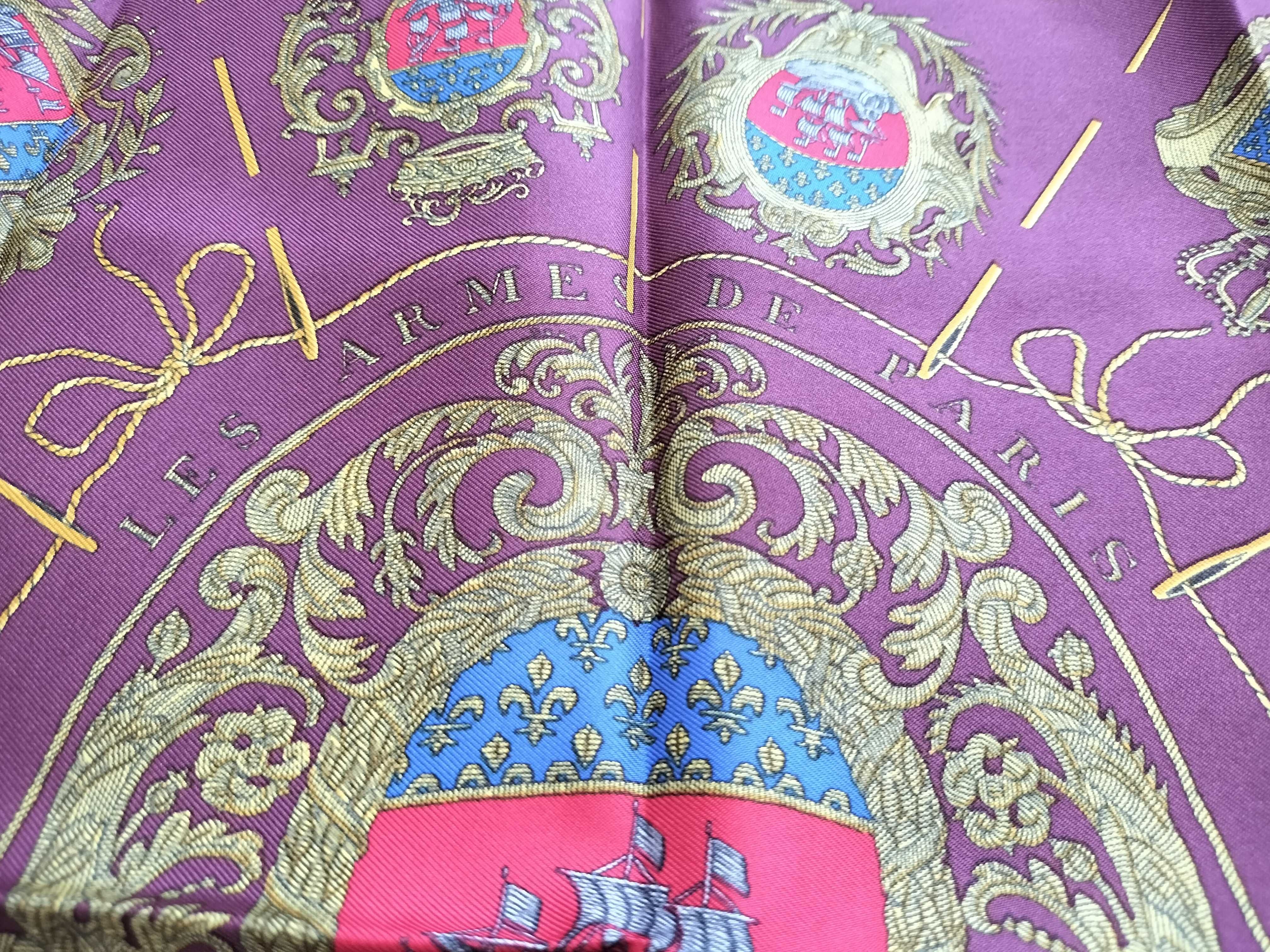 Vintage Hermes Les Armes de Paris Plum Silk Carre 45
