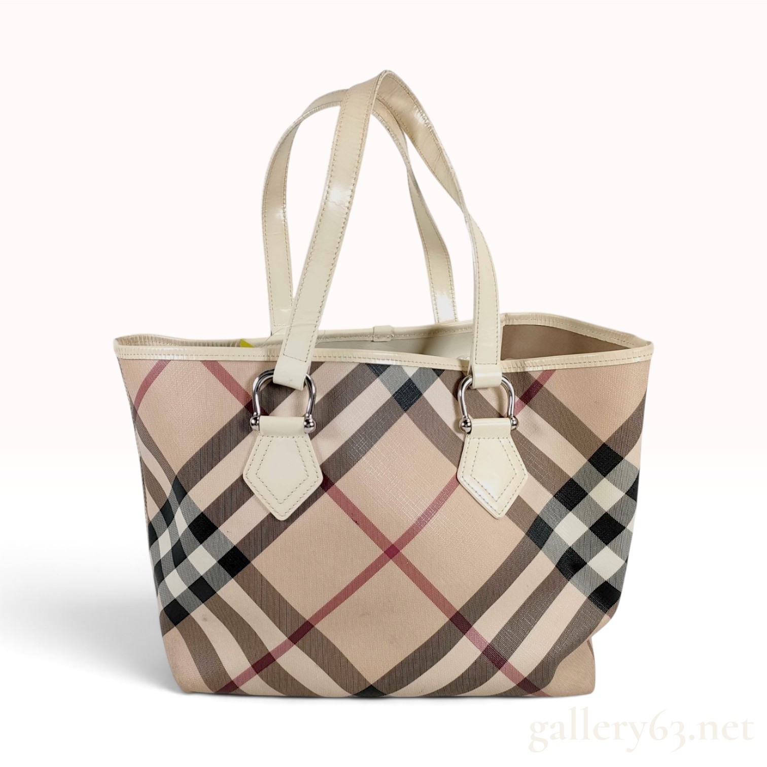 Burberry Nova Check Cream Patent Leather Trim Tote Bag