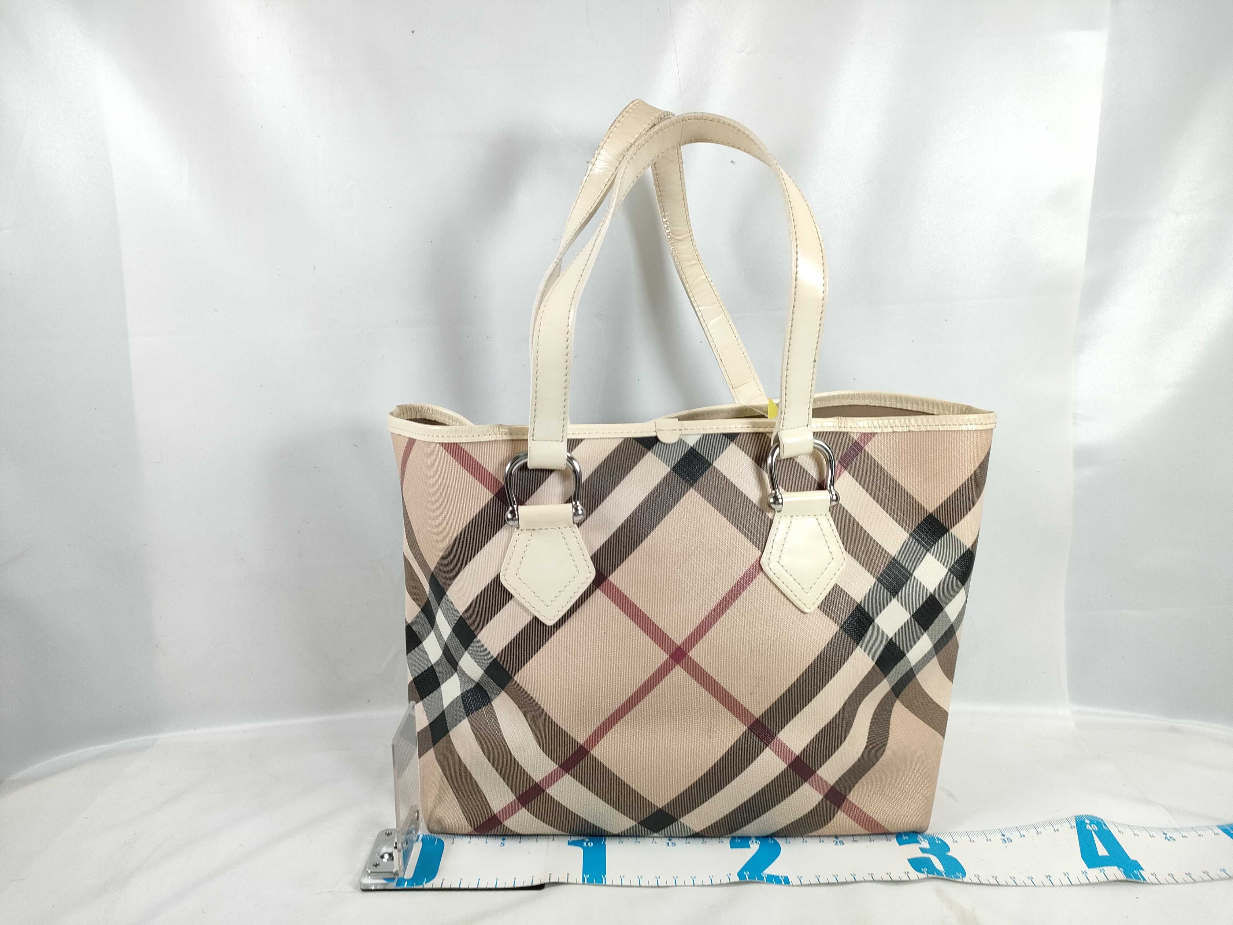 Burberry Nova Check Cream Patent Leather Trim Tote Bag
