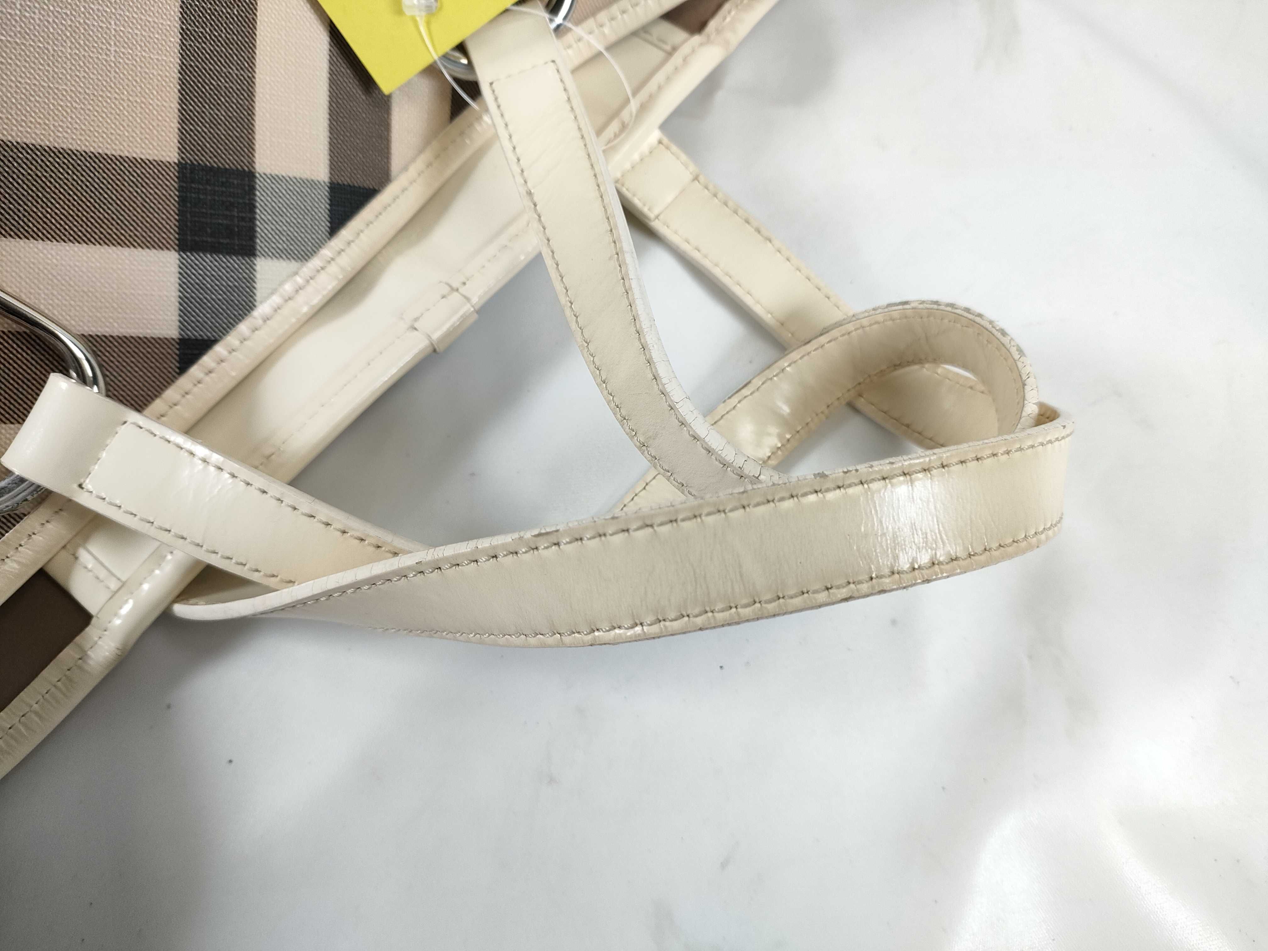 Burberry Nova Check Cream Patent Leather Trim Tote Bag