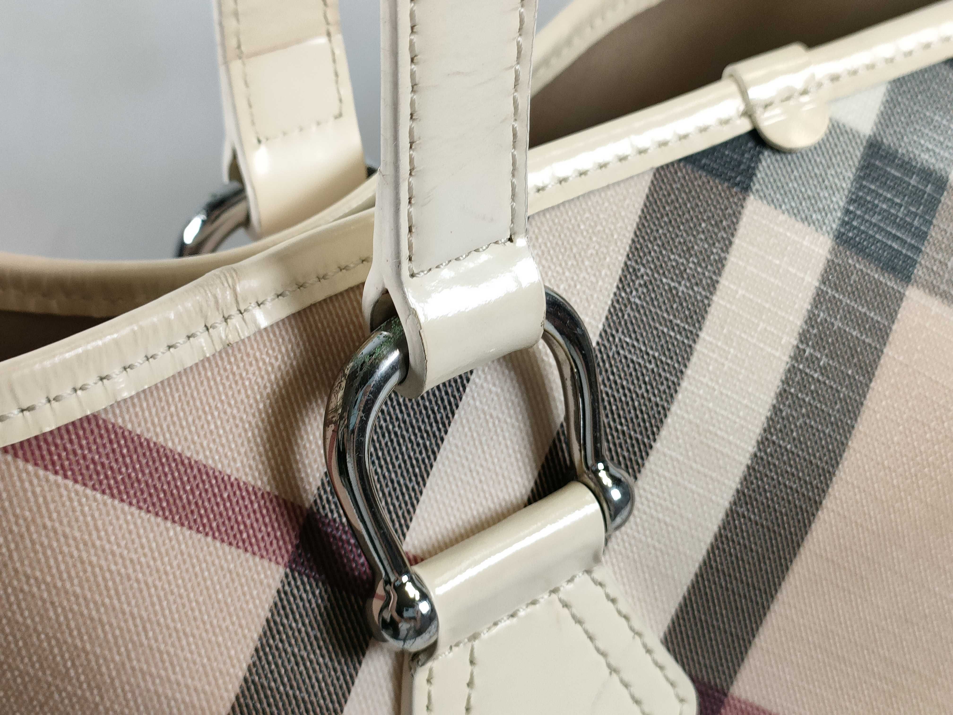 Burberry Nova Check Cream Patent Leather Trim Tote Bag