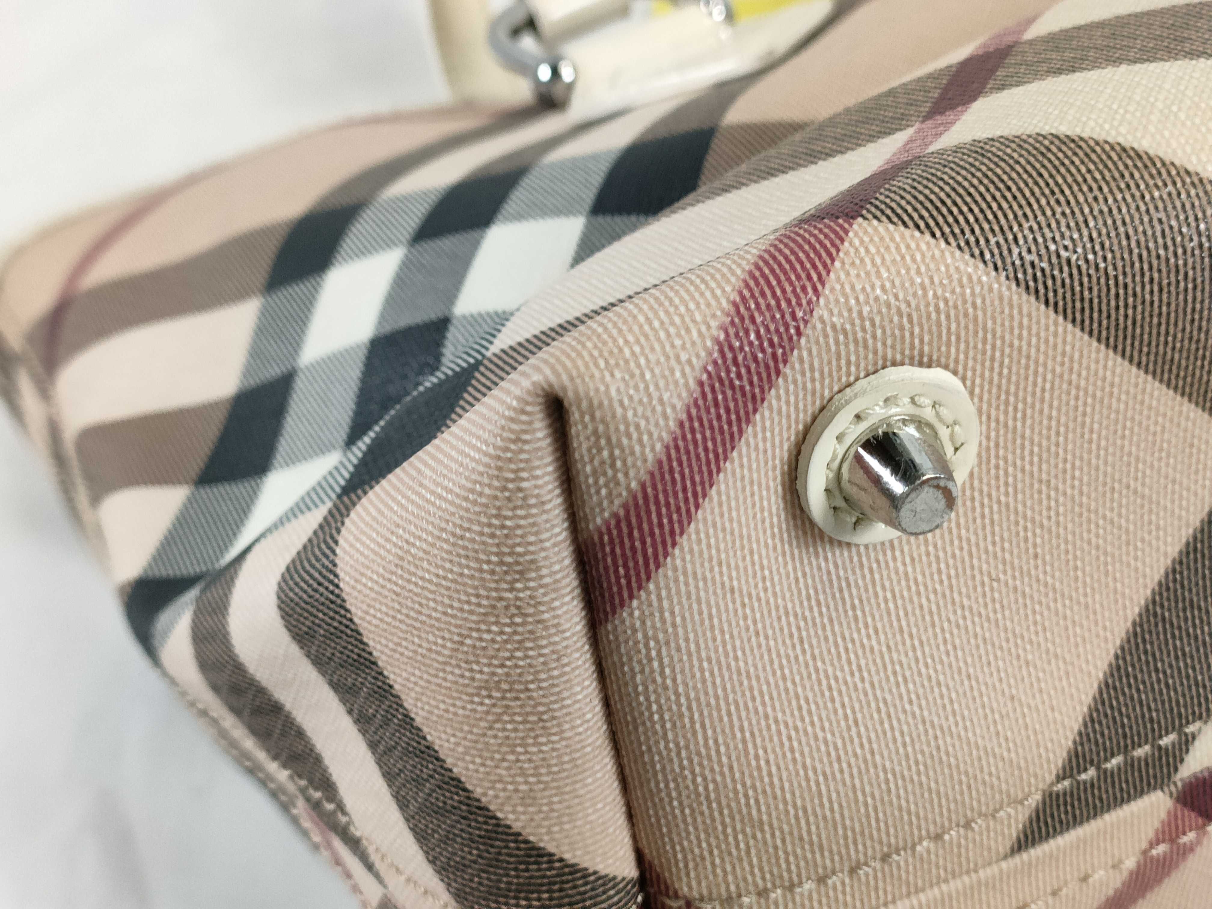 Burberry Nova Check Cream Patent Leather Trim Tote Bag