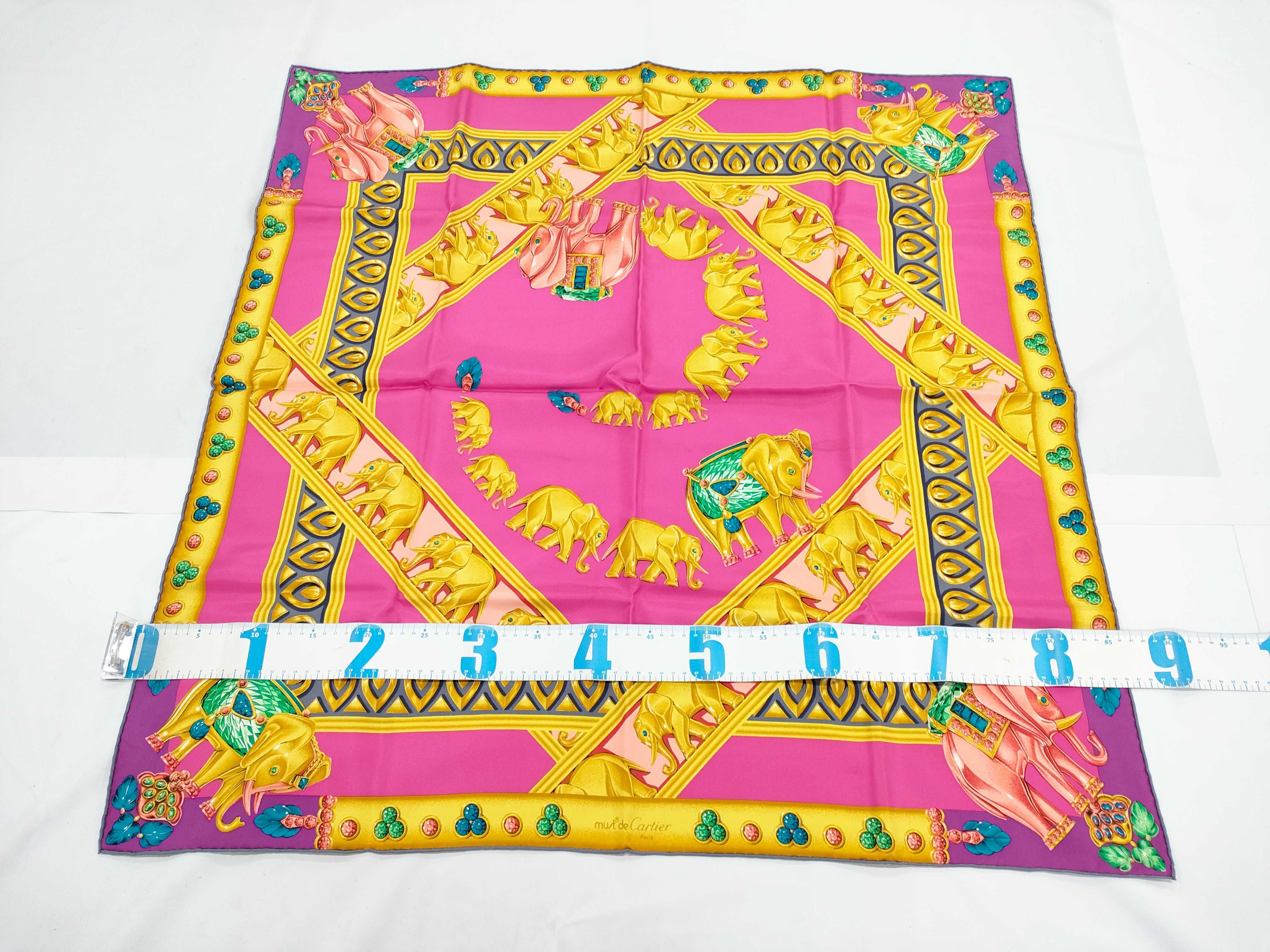 Vintage Must de Cartier Elephant and Gemstone Pink Silk Carre 90 with Box