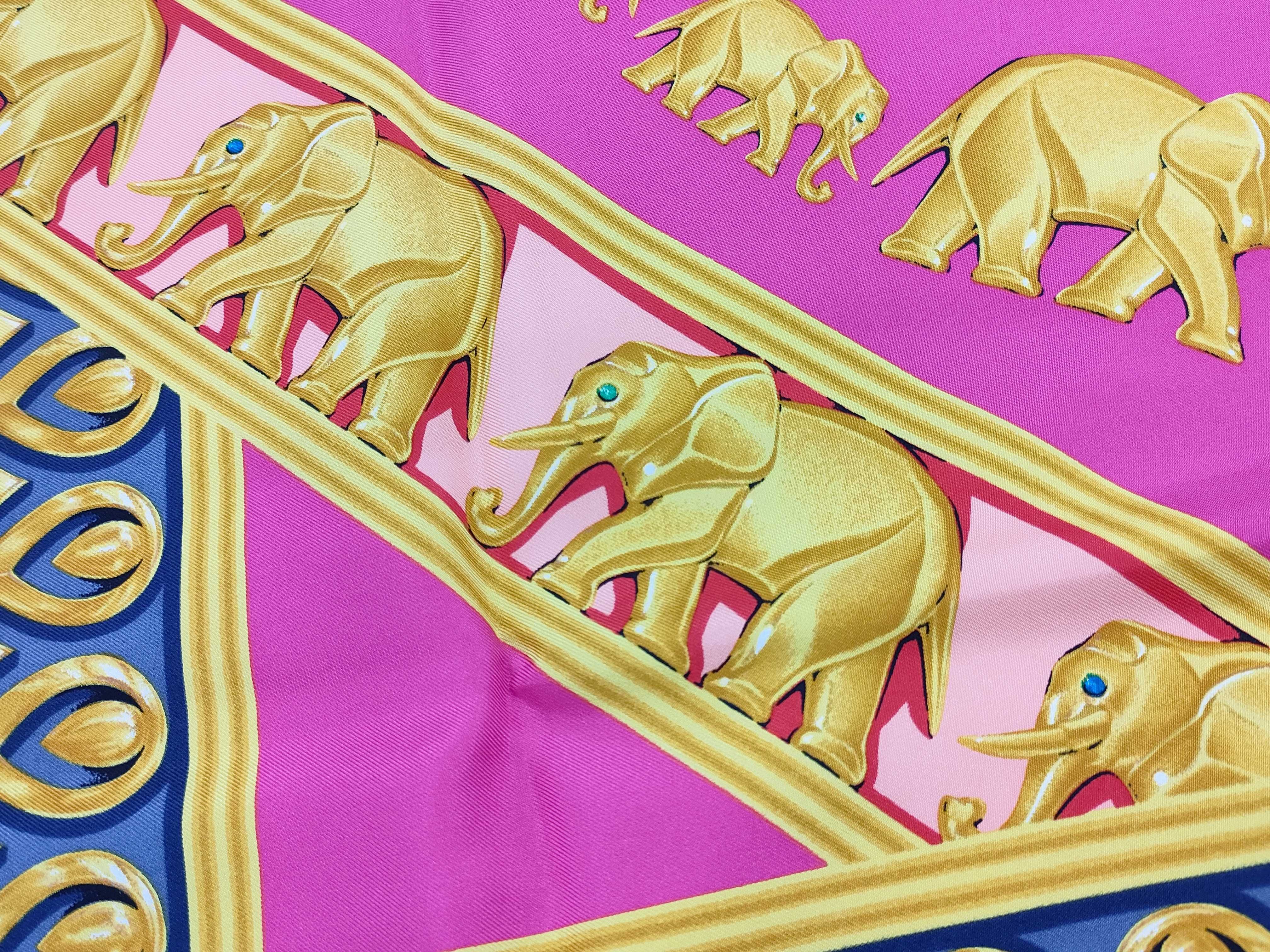 Vintage Must de Cartier Elephant and Gemstone Pink Silk Carre 90 with Box