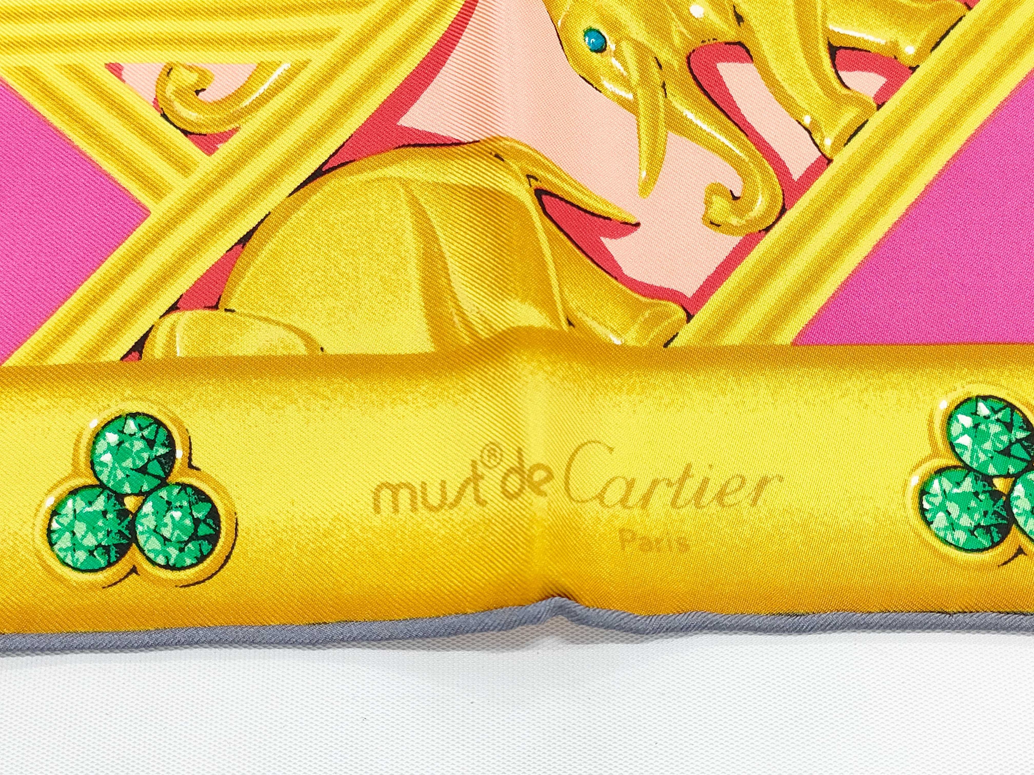 Vintage Must de Cartier Elephant and Gemstone Pink Silk Carre 90 with Box