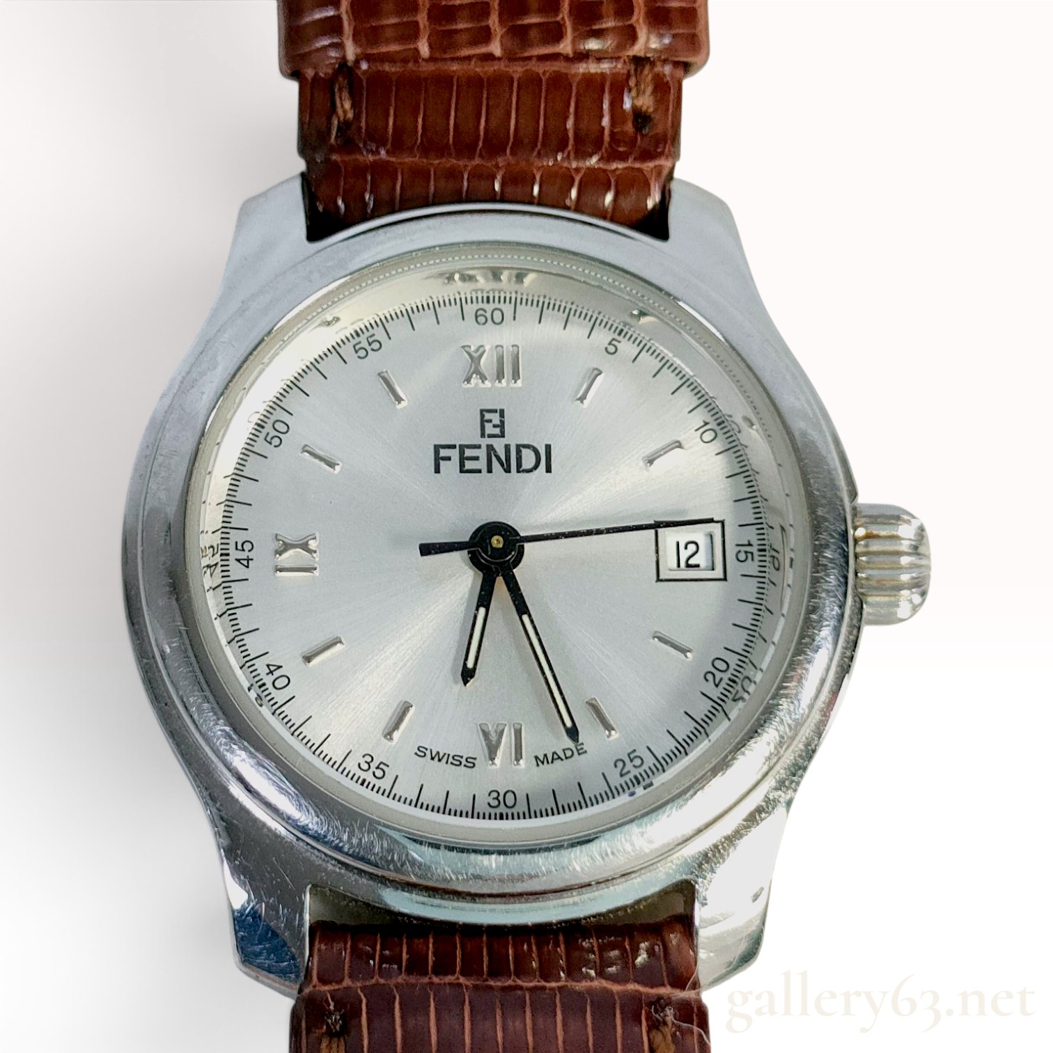 Fendi Orologi 210L Stainless Steel Date Wristwatch With Brown Leather Strap 25.8mm