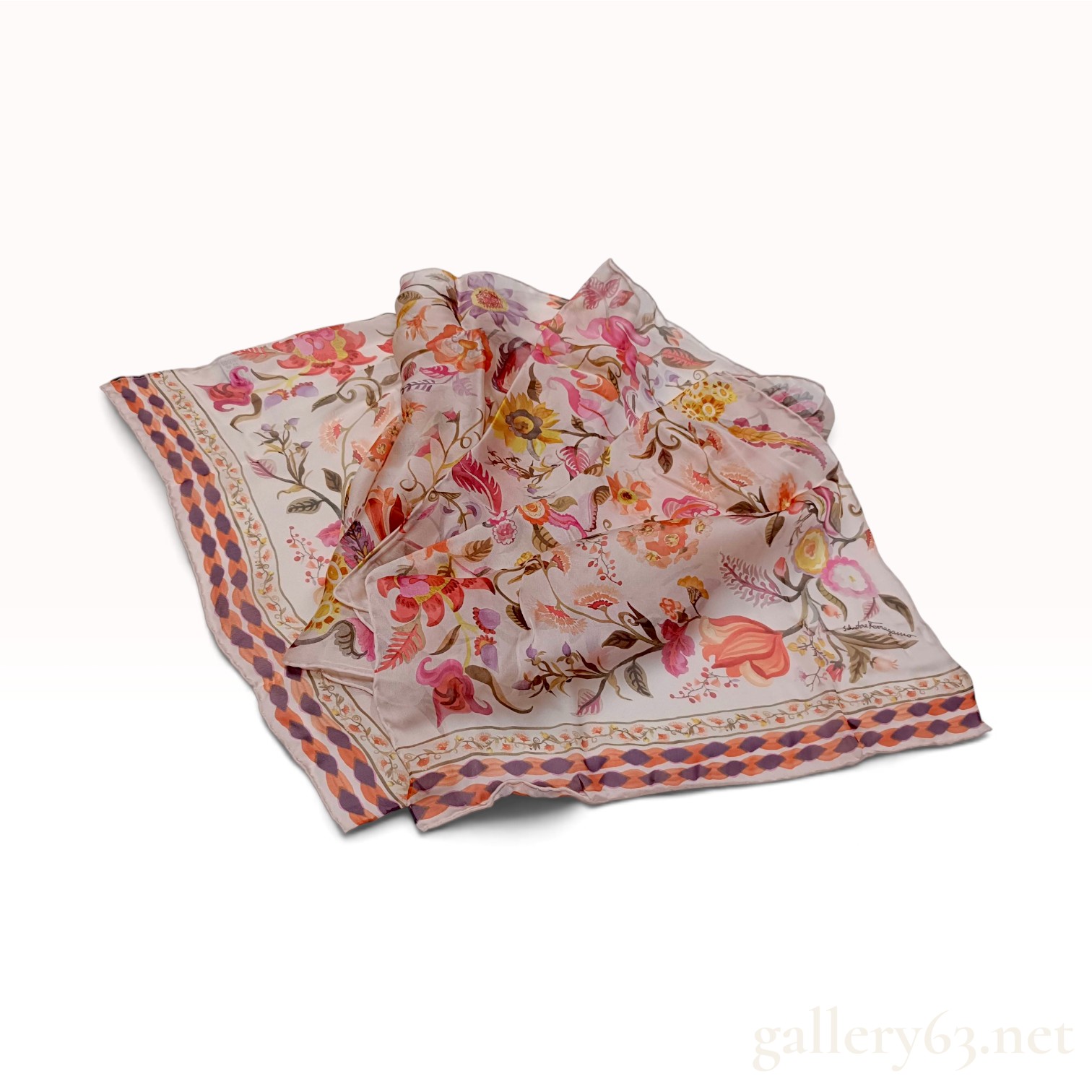 Vintage Salvatore Ferragamo Floral Botanical Blush Pink Silk Scarf