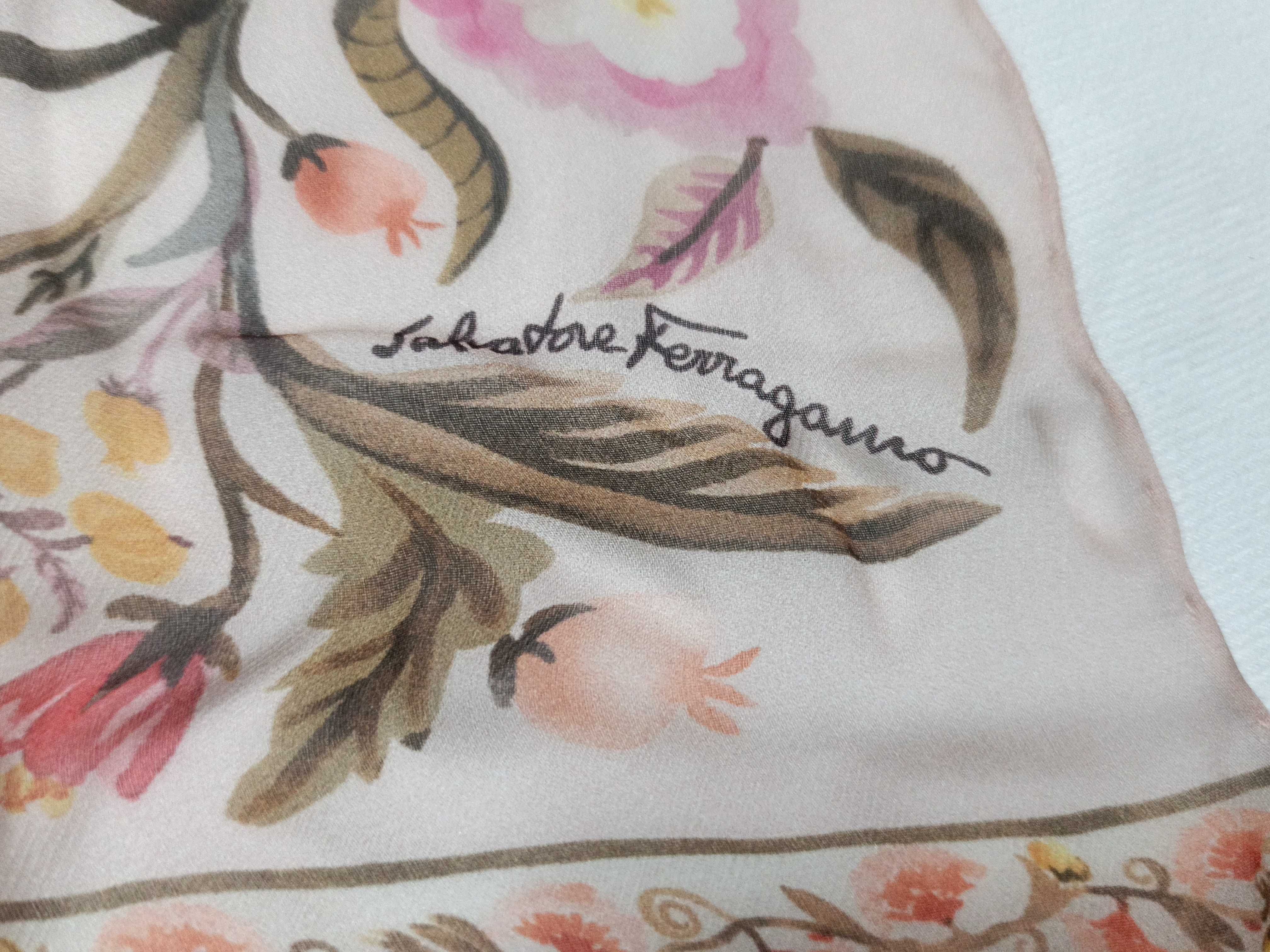 Vintage Salvatore Ferragamo Floral Botanical Blush Pink Silk Scarf