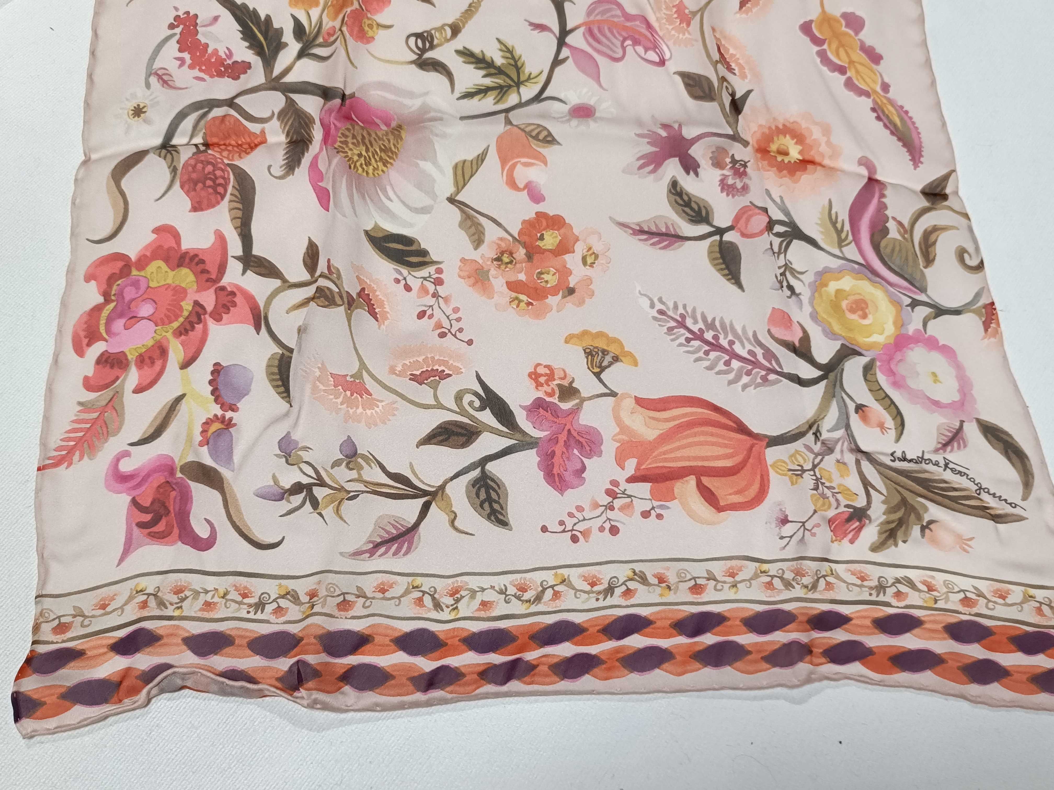 Vintage Salvatore Ferragamo Floral Botanical Blush Pink Silk Scarf