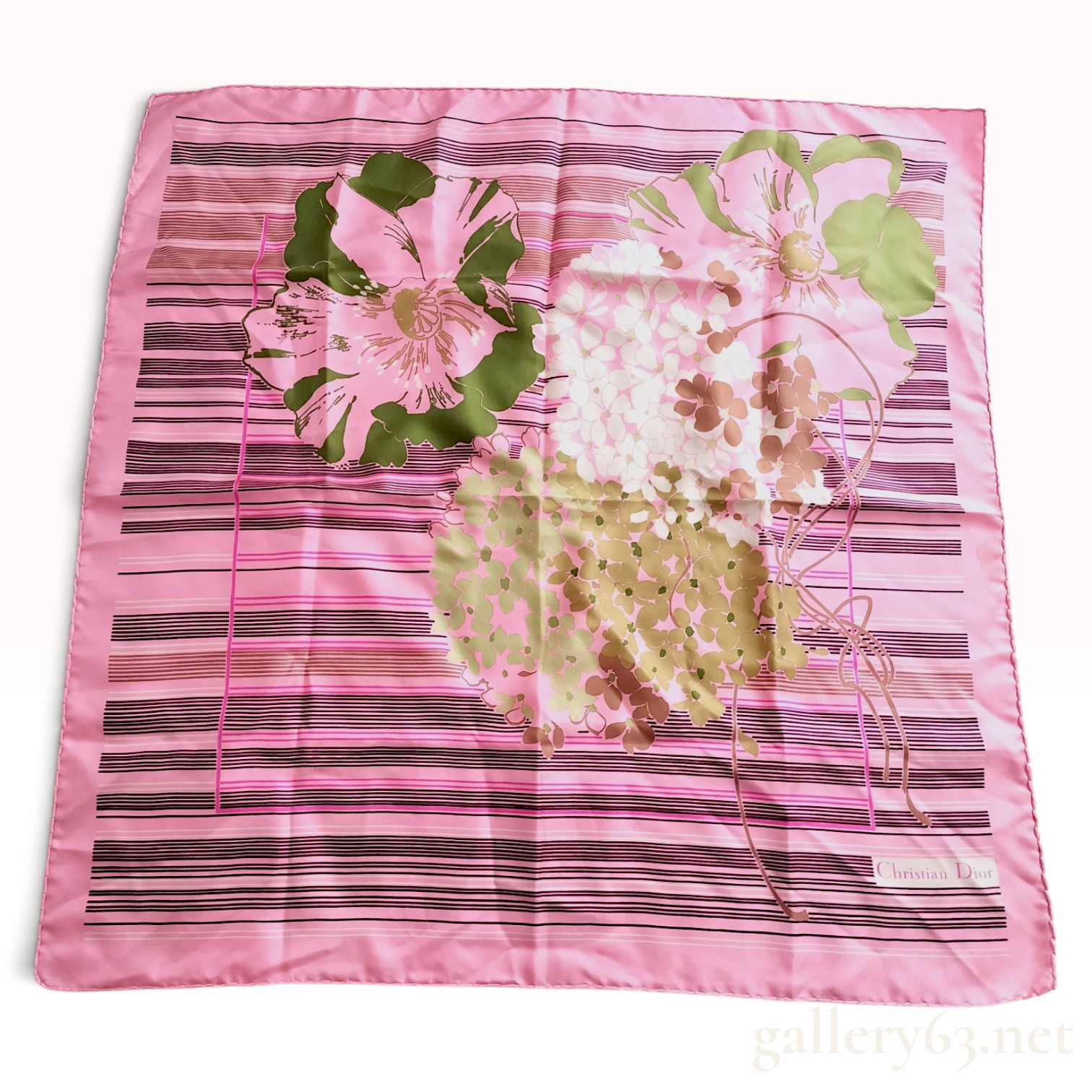 Vintage Christian Dior Floral and Striped Pink Silk Scarf 80 cm