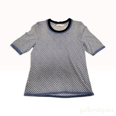 Tory Burch Textured Dot Blue and Cream 100% Merino Wool Short Sleeve Top Small. This Tory Burch 
