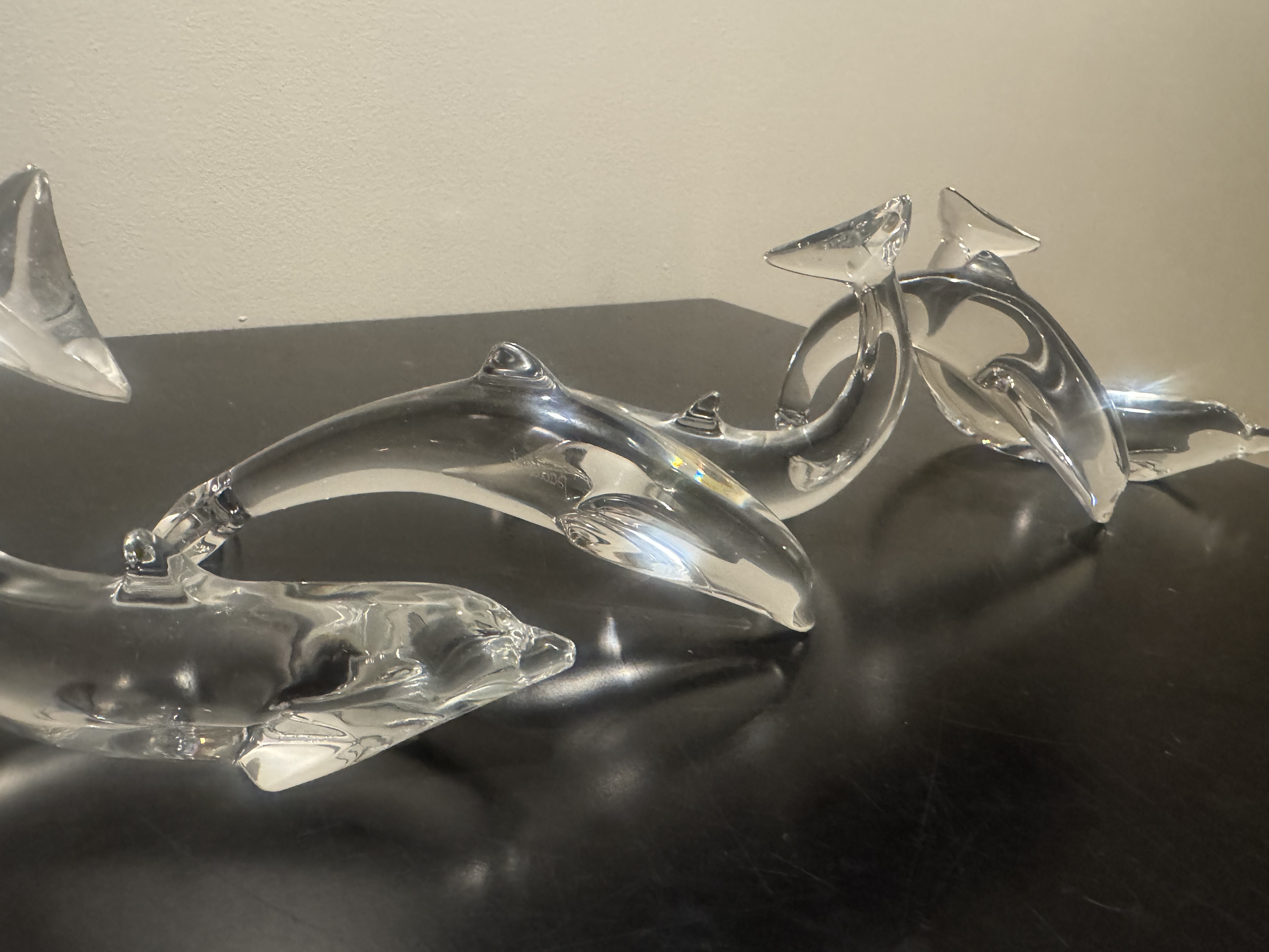BACCARAT (French) -- Group of Five Clear Crystal Dolphin Sculptures, Signed