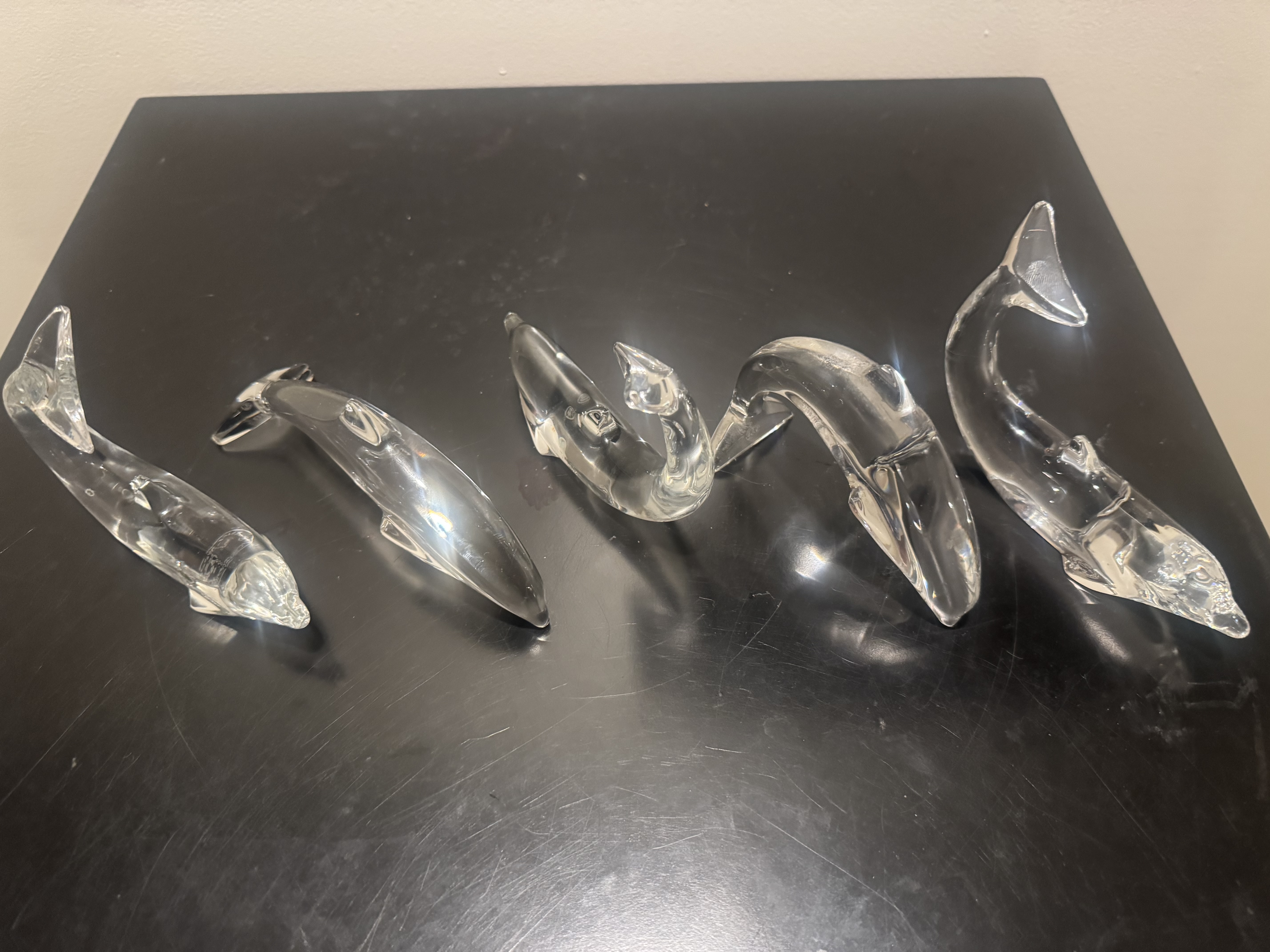 BACCARAT (French) -- Group of Five Clear Crystal Dolphin Sculptures, Signed
