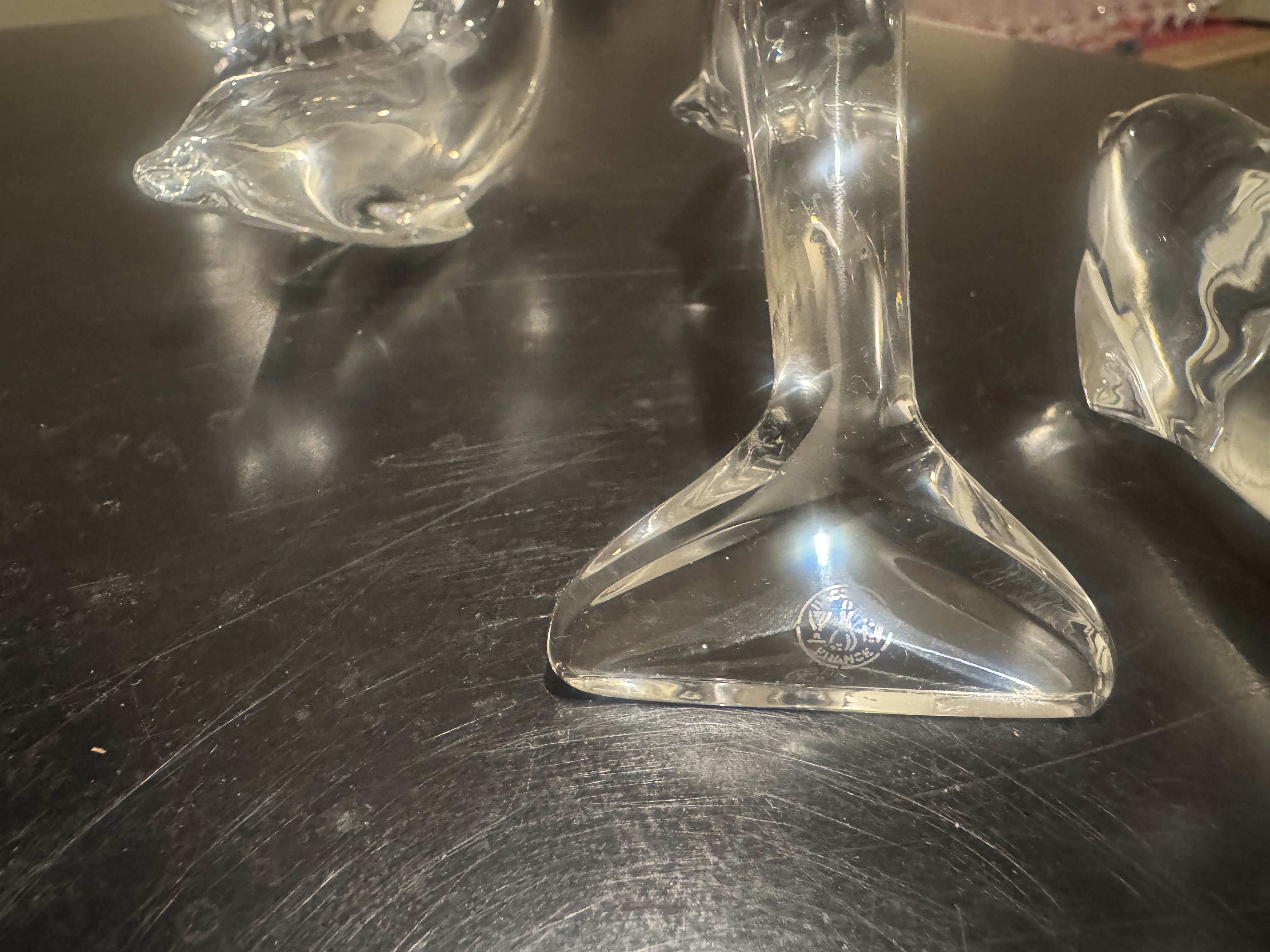BACCARAT (French) -- Group of Five Clear Crystal Dolphin Sculptures, Signed