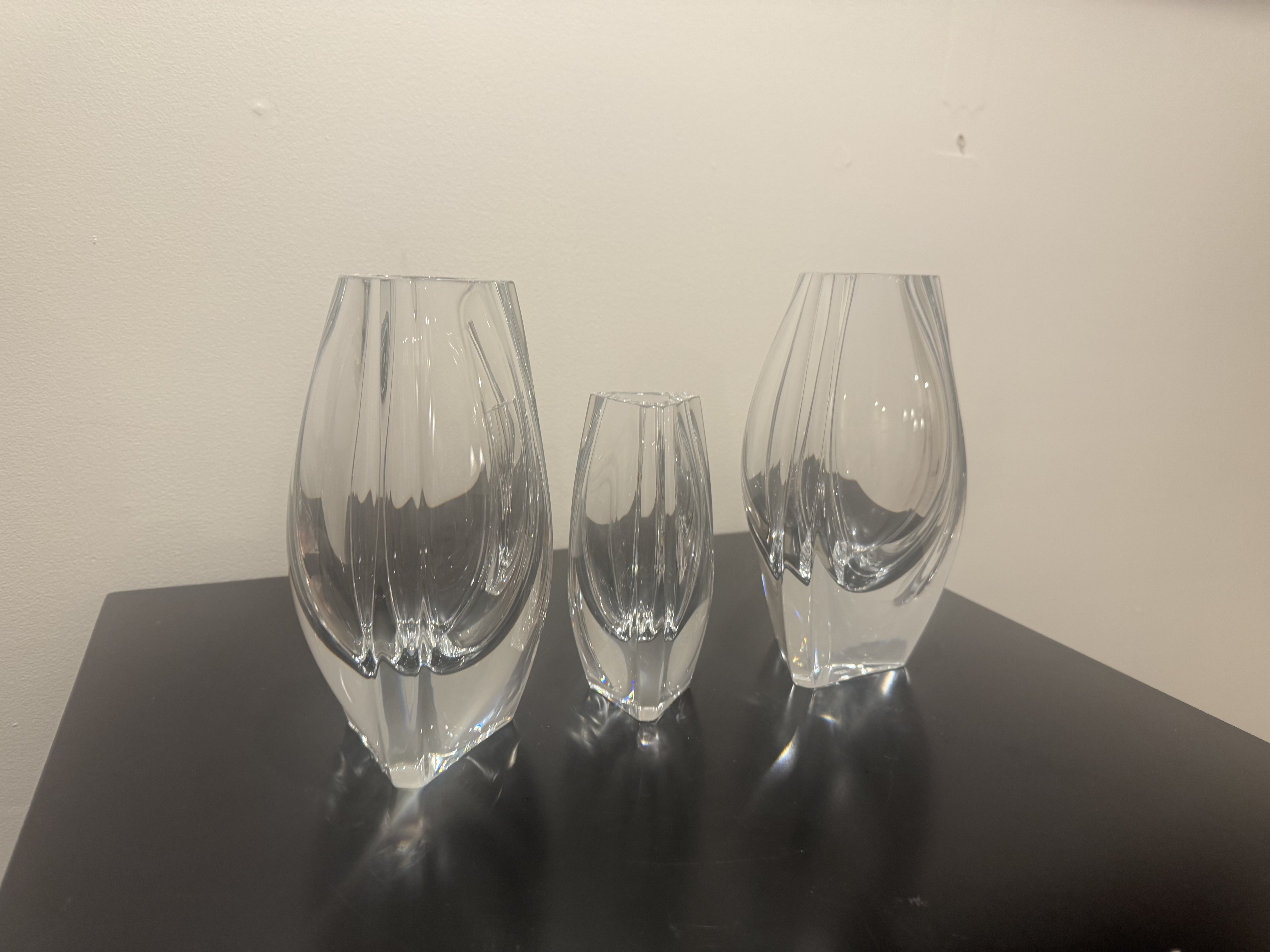Baccarat Crystal "Bouton d'Or" Vases, Set of 3 -- Graduated Triangular Form, Signed France, Retired Pattern