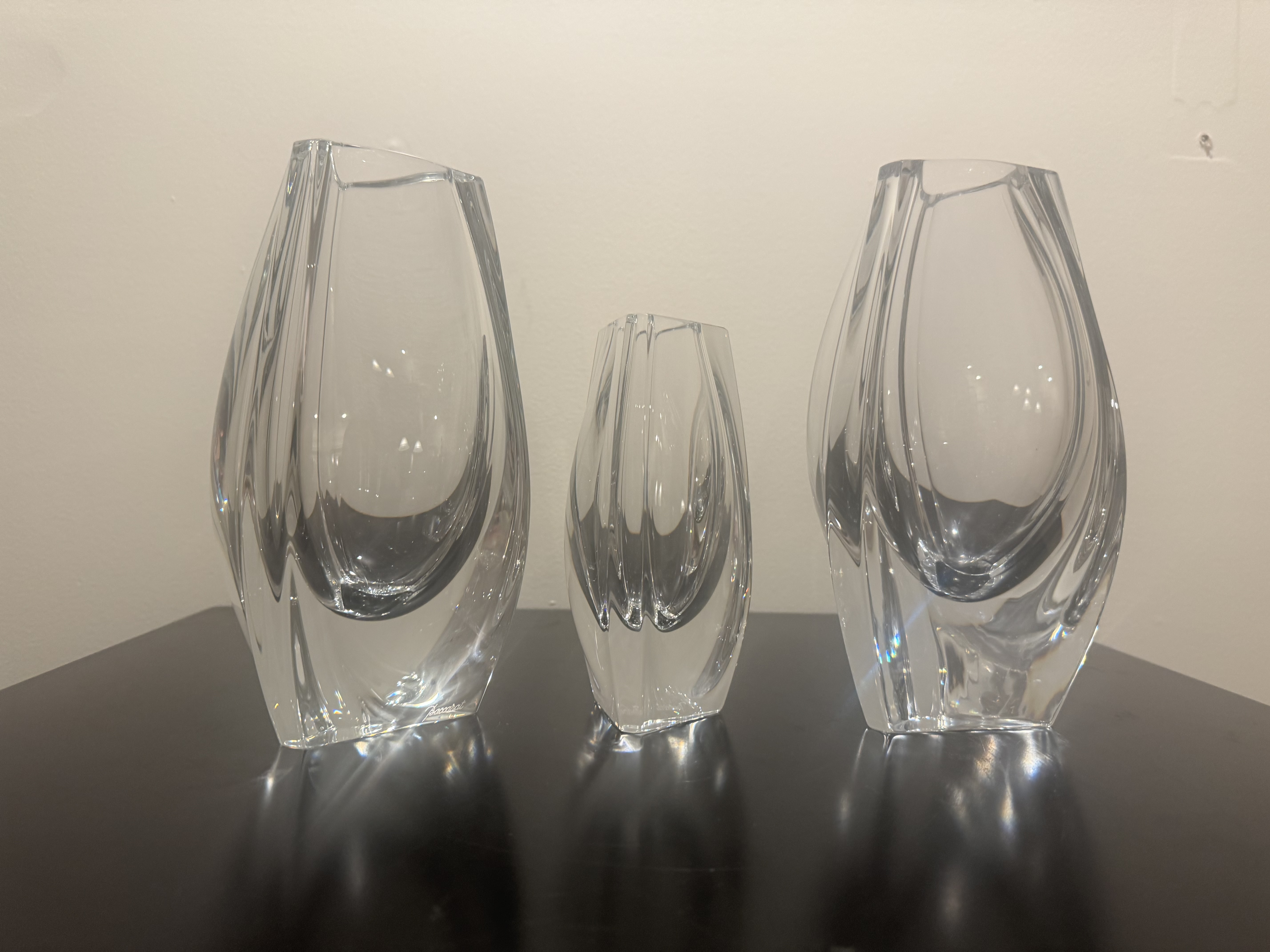 Baccarat Crystal "Bouton d'Or" Vases, Set of 3 -- Graduated Triangular Form, Signed France, Retired Pattern