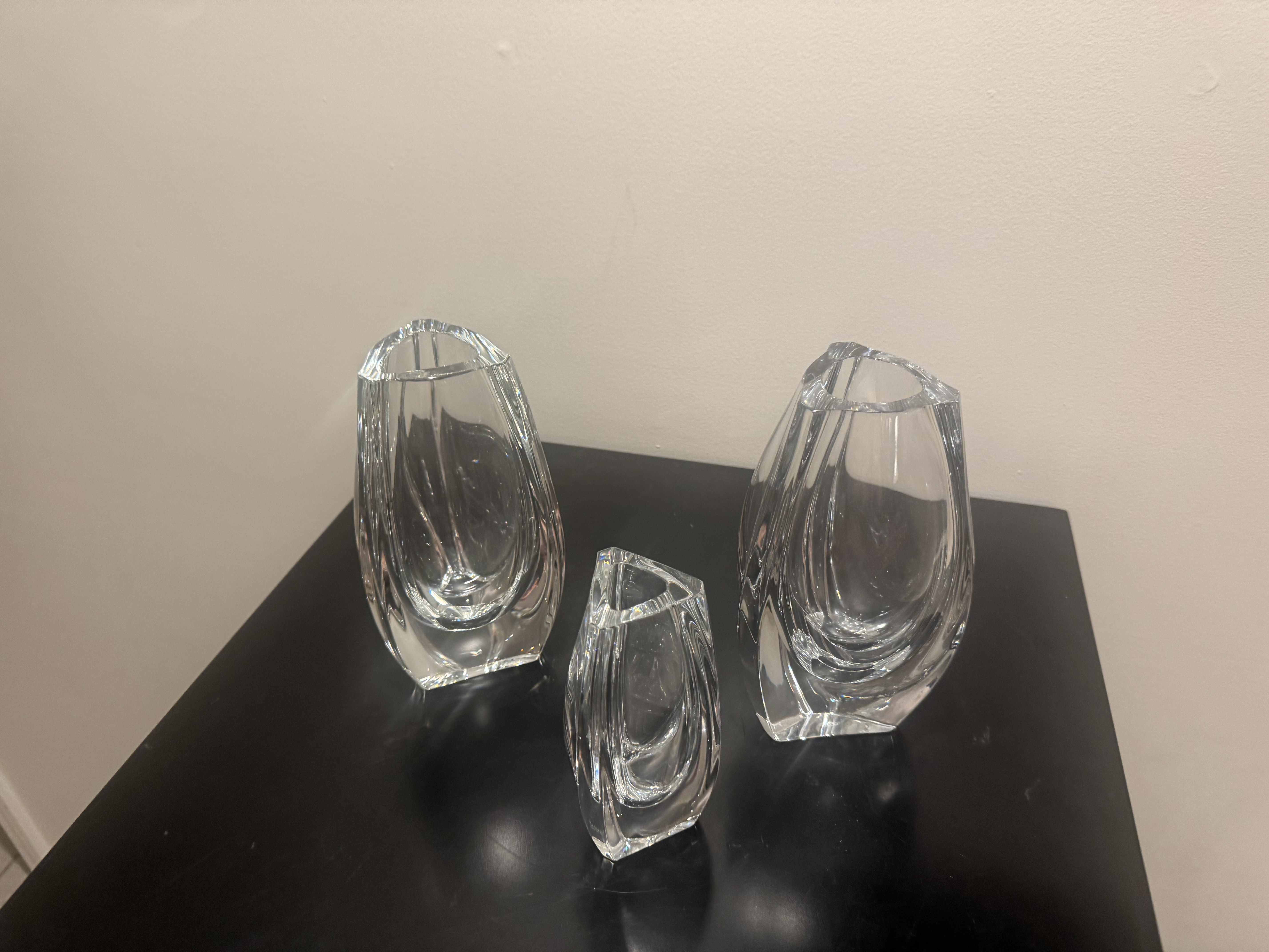 Baccarat Crystal "Bouton d'Or" Vases, Set of 3 -- Graduated Triangular Form, Signed France, Retired Pattern