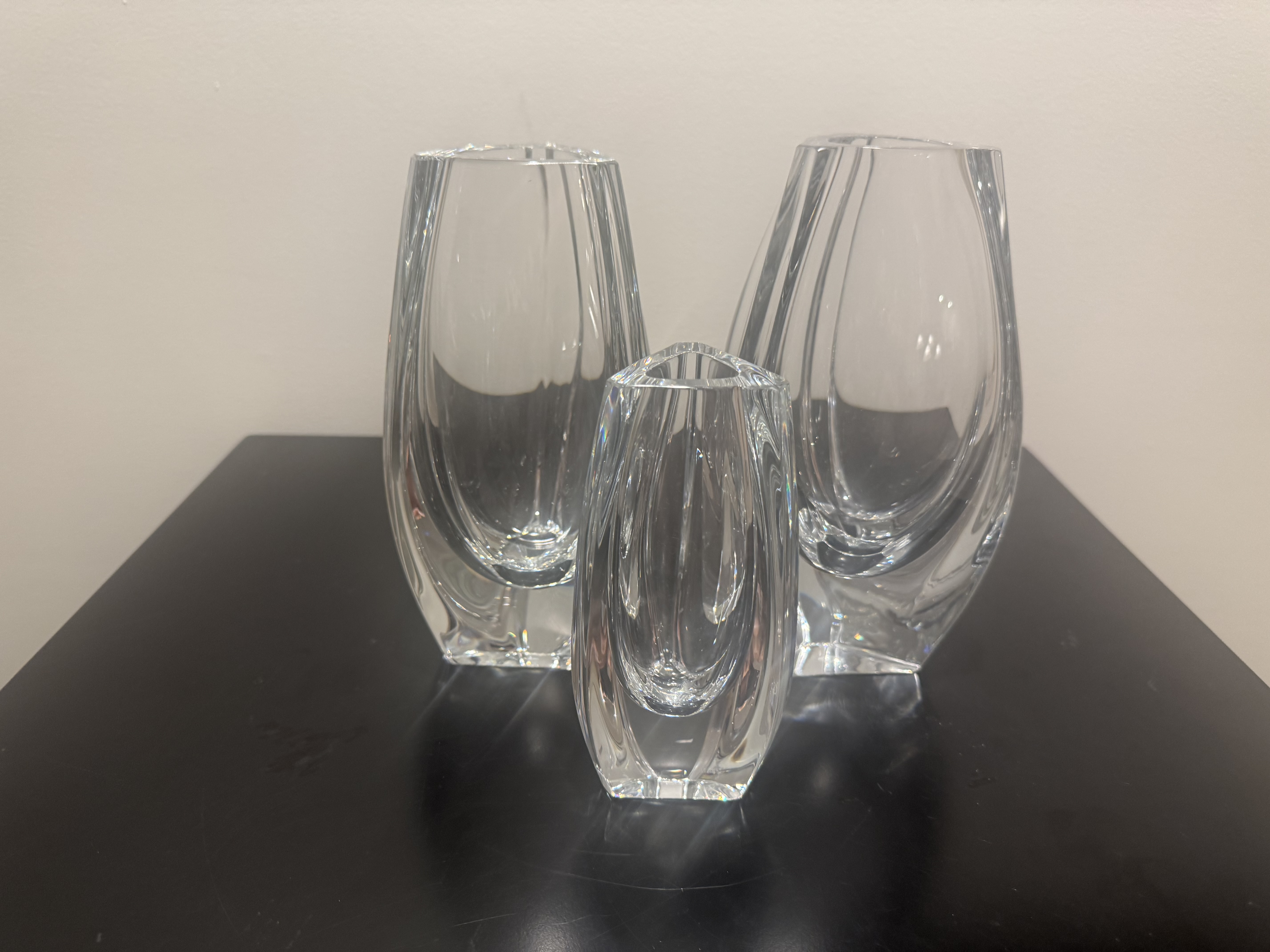 Baccarat Crystal "Bouton d'Or" Vases, Set of 3 -- Graduated Triangular Form, Signed France, Retired Pattern