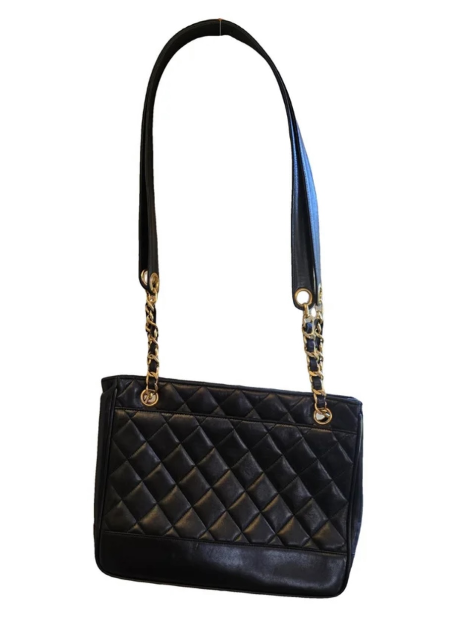 CHANEL VINTAGE QUILTED LAMBSKIN CHAIN SHOULDER TOTE, BLACK / GOLD