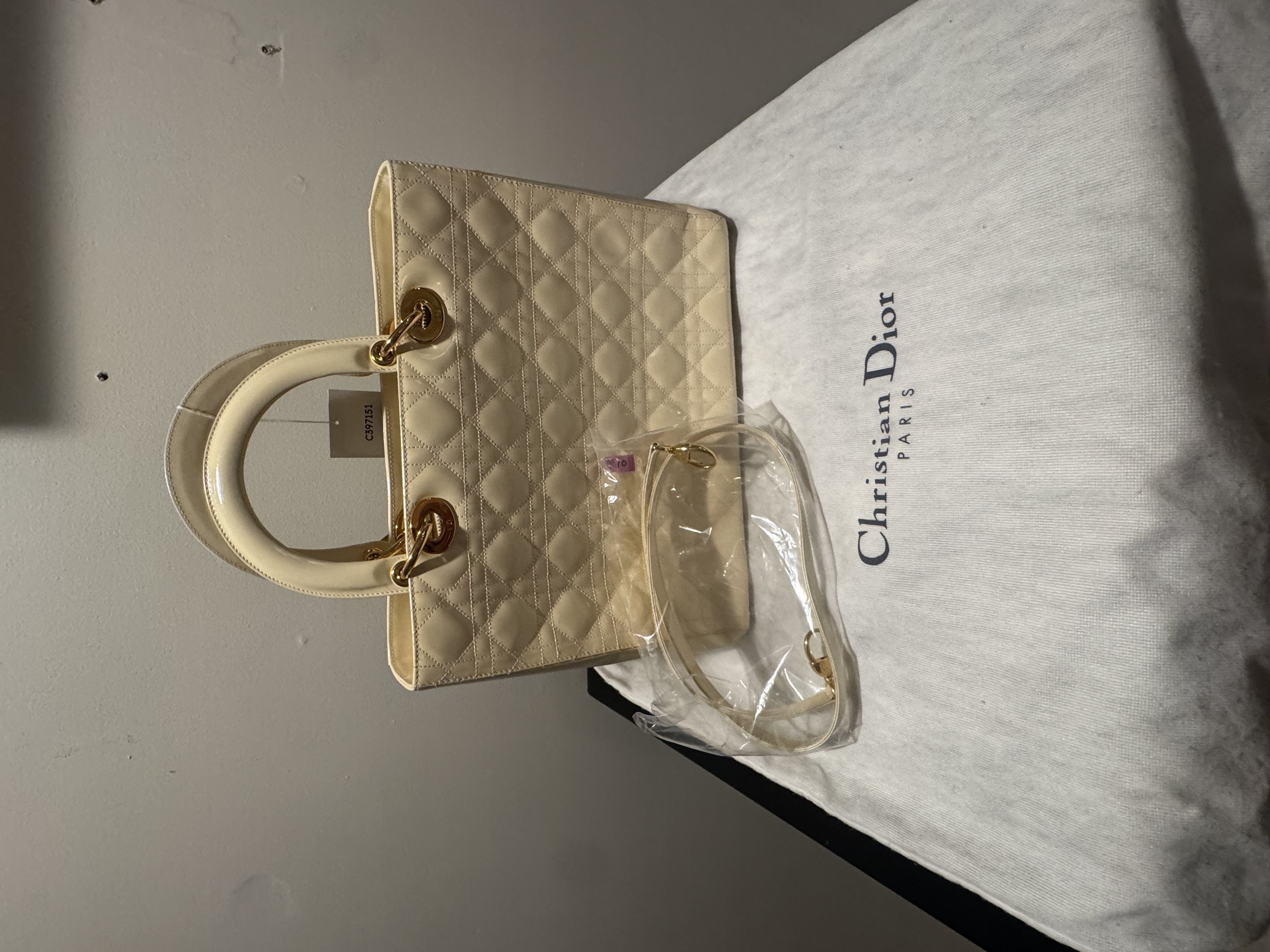 CHRISTIAN DIOR LADY DIOR LARGE, IVORY PATENT CANNAGE, GOLD