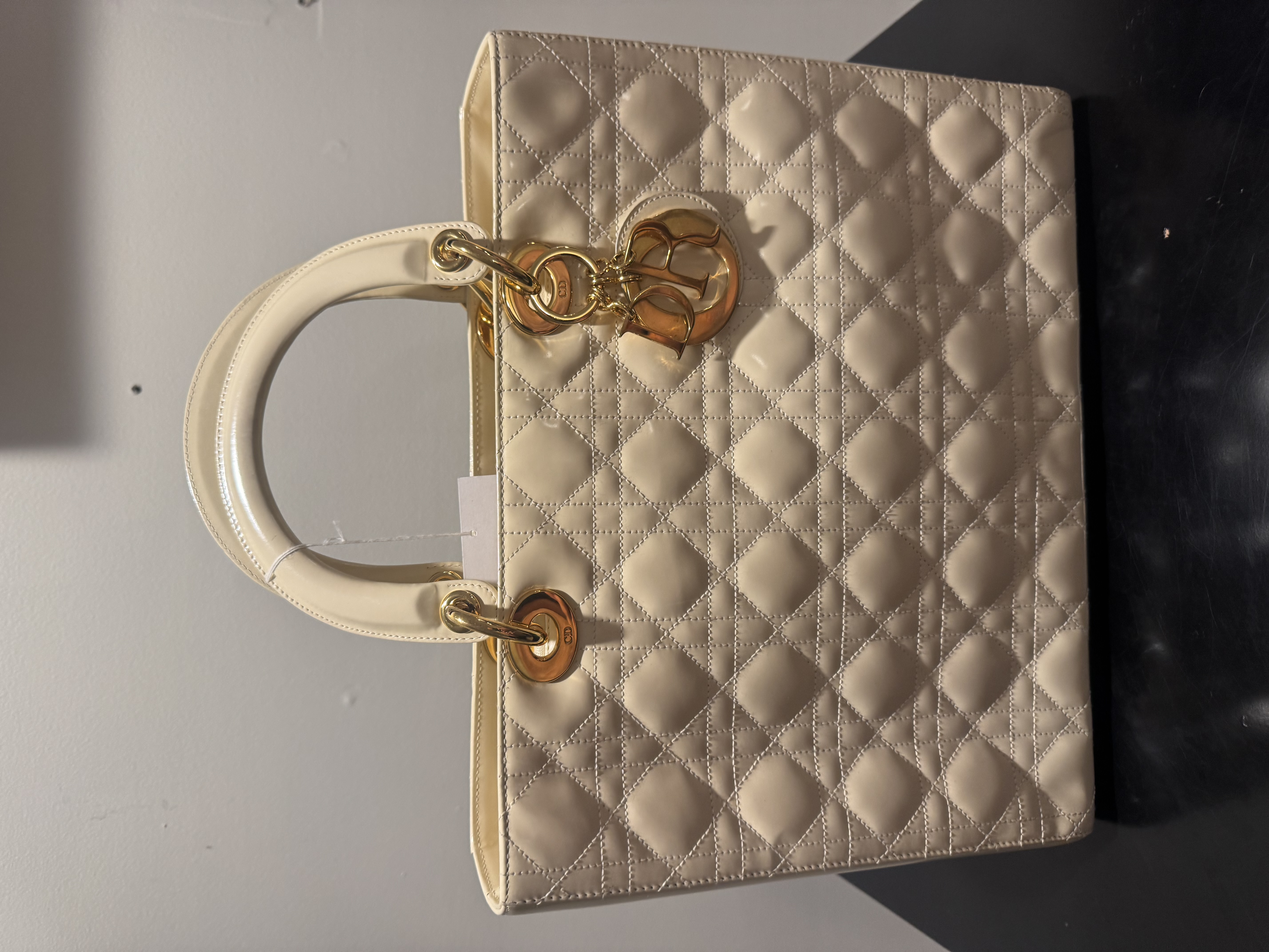 CHRISTIAN DIOR LADY DIOR LARGE, IVORY PATENT CANNAGE, GOLD
