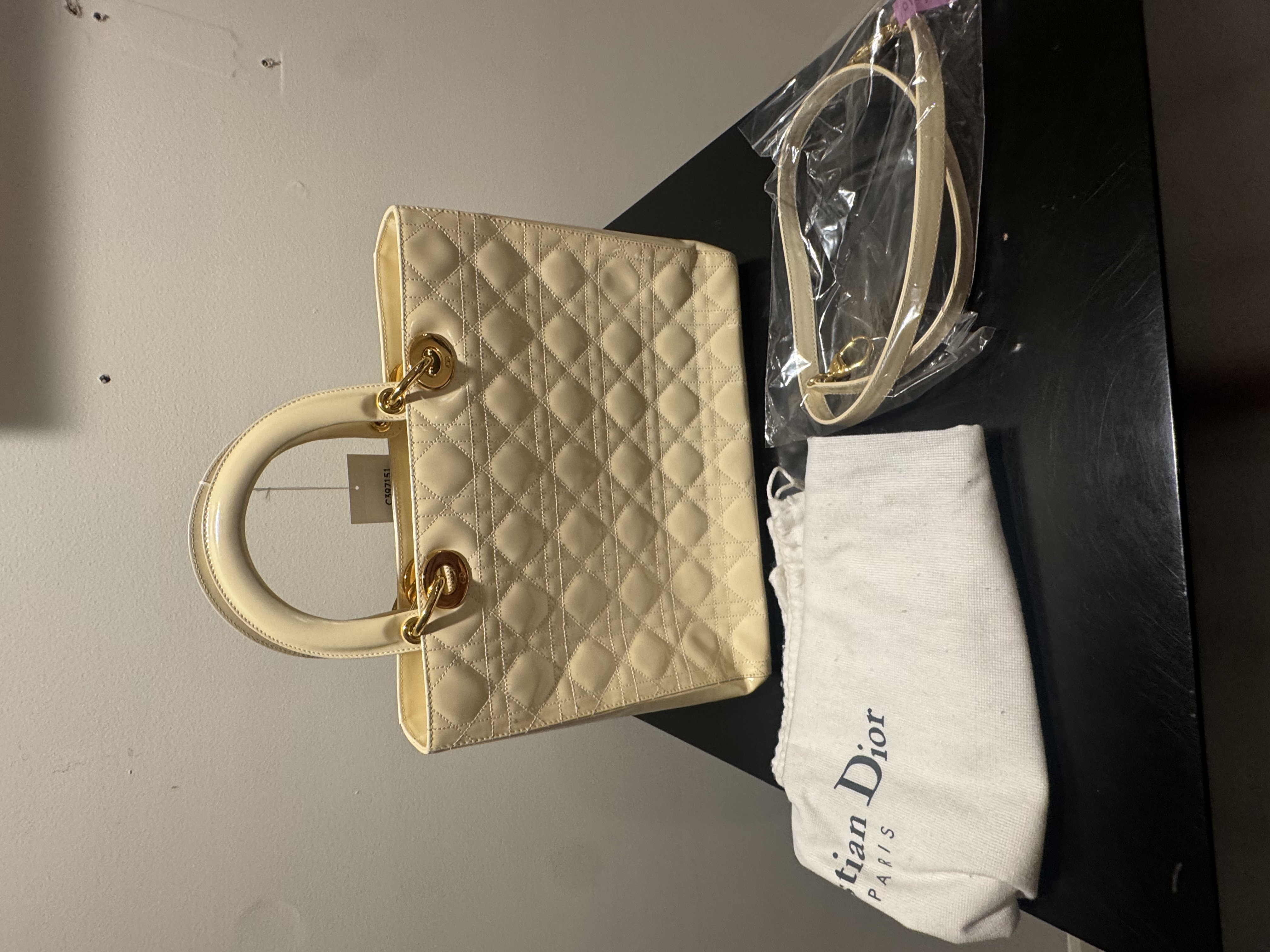 CHRISTIAN DIOR LADY DIOR LARGE, IVORY PATENT CANNAGE, GOLD