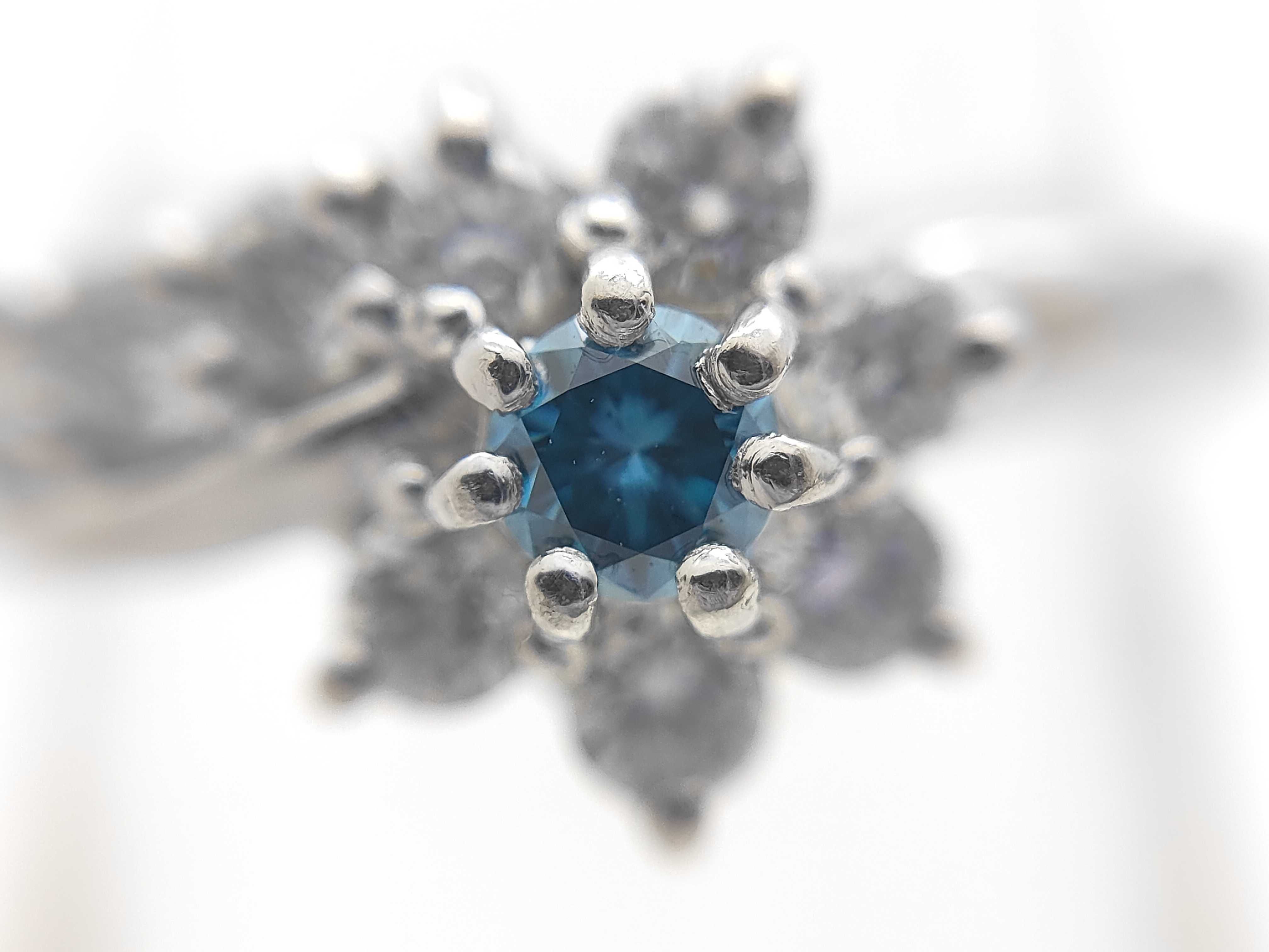 Platinum Flower Motif Bypass Ring with Irradiated Natural Blue Diamond and Diamond Accents