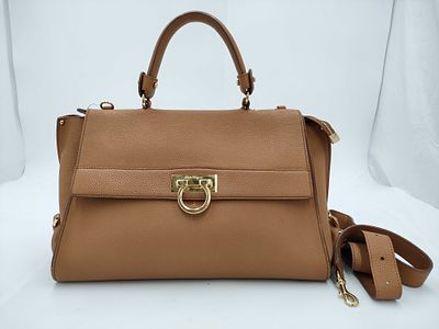 Salvatore Ferragamo Tan Pebbled Leather Gancini 2-Way Handbag with Gold Hardware. Authentic 