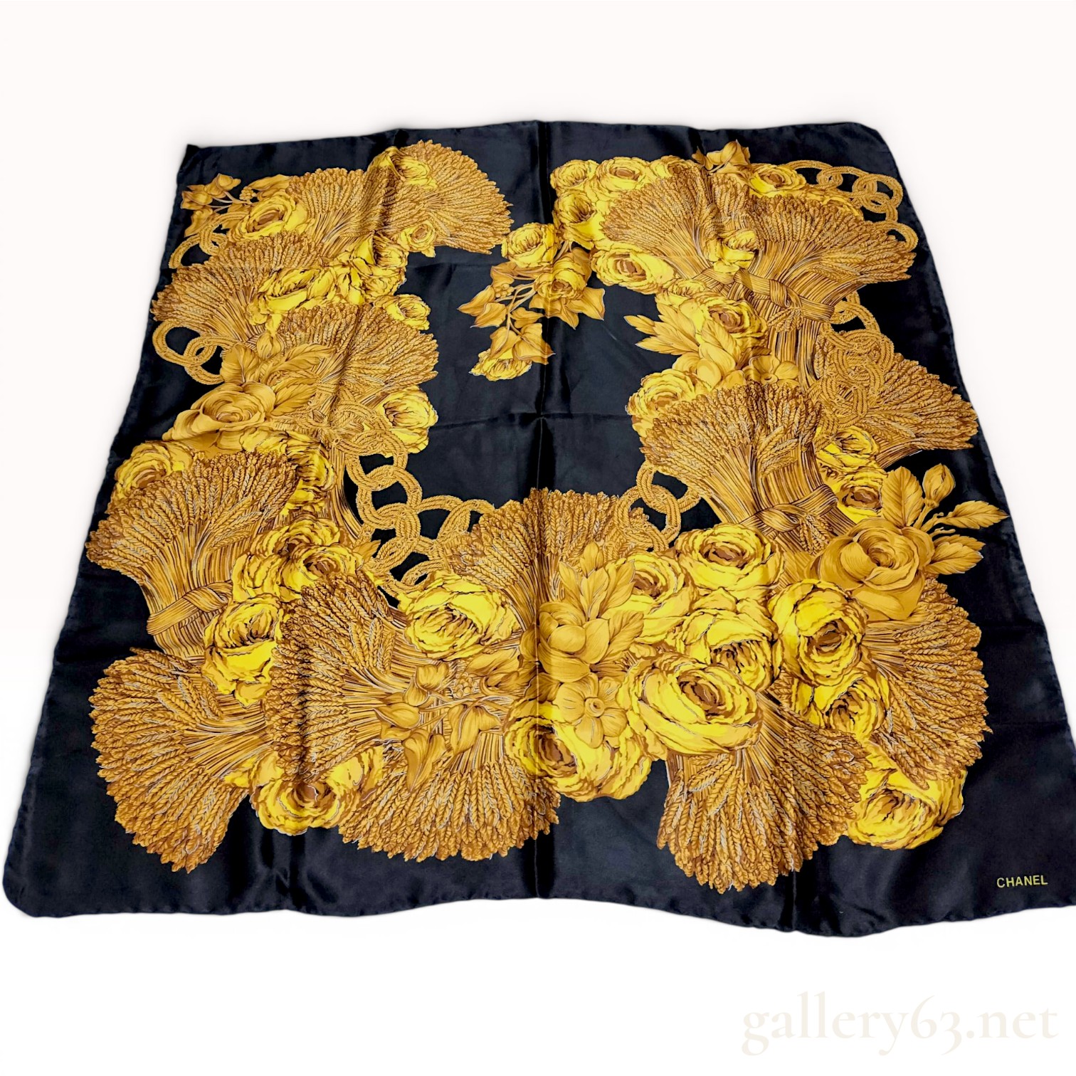 Chanel Silk Scarf in Wheat and Roses Pattern