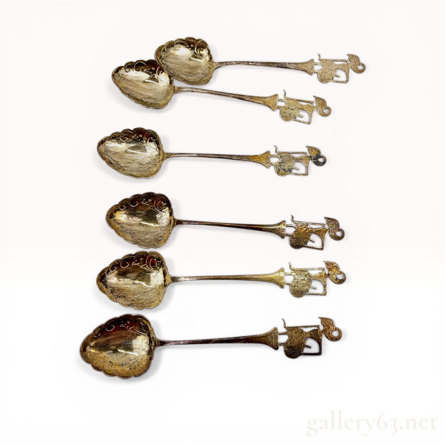 Set of Six Indonesian Jogya.800 Silver Wayang Decorative Spoons