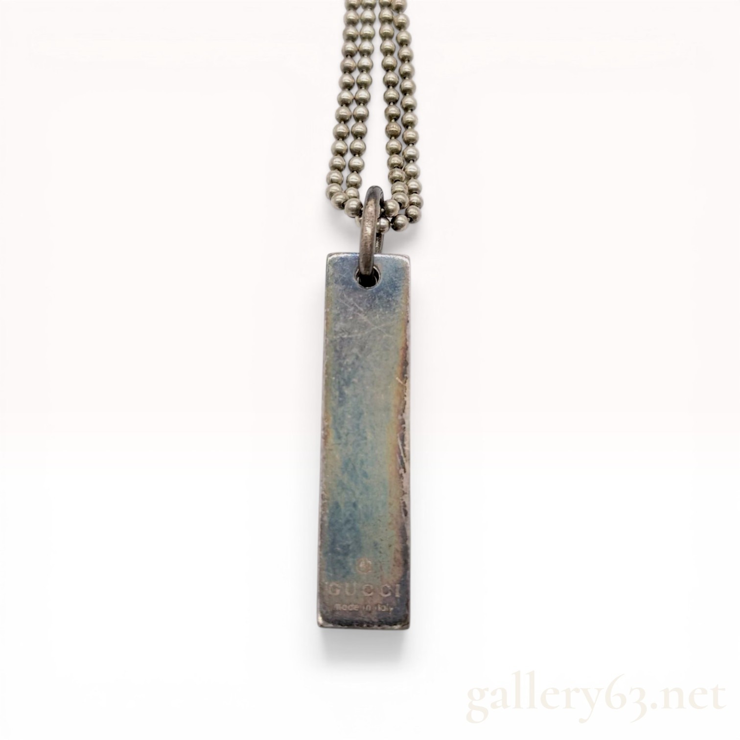 Gucci Sterling Silver Rectangular Bar Pendant on Triple-Strand Bead Chain Necklace