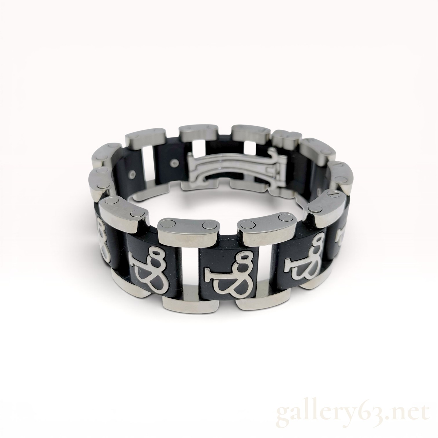 Stainless Steel and Black Composite Link Bracelet with GS Monogram