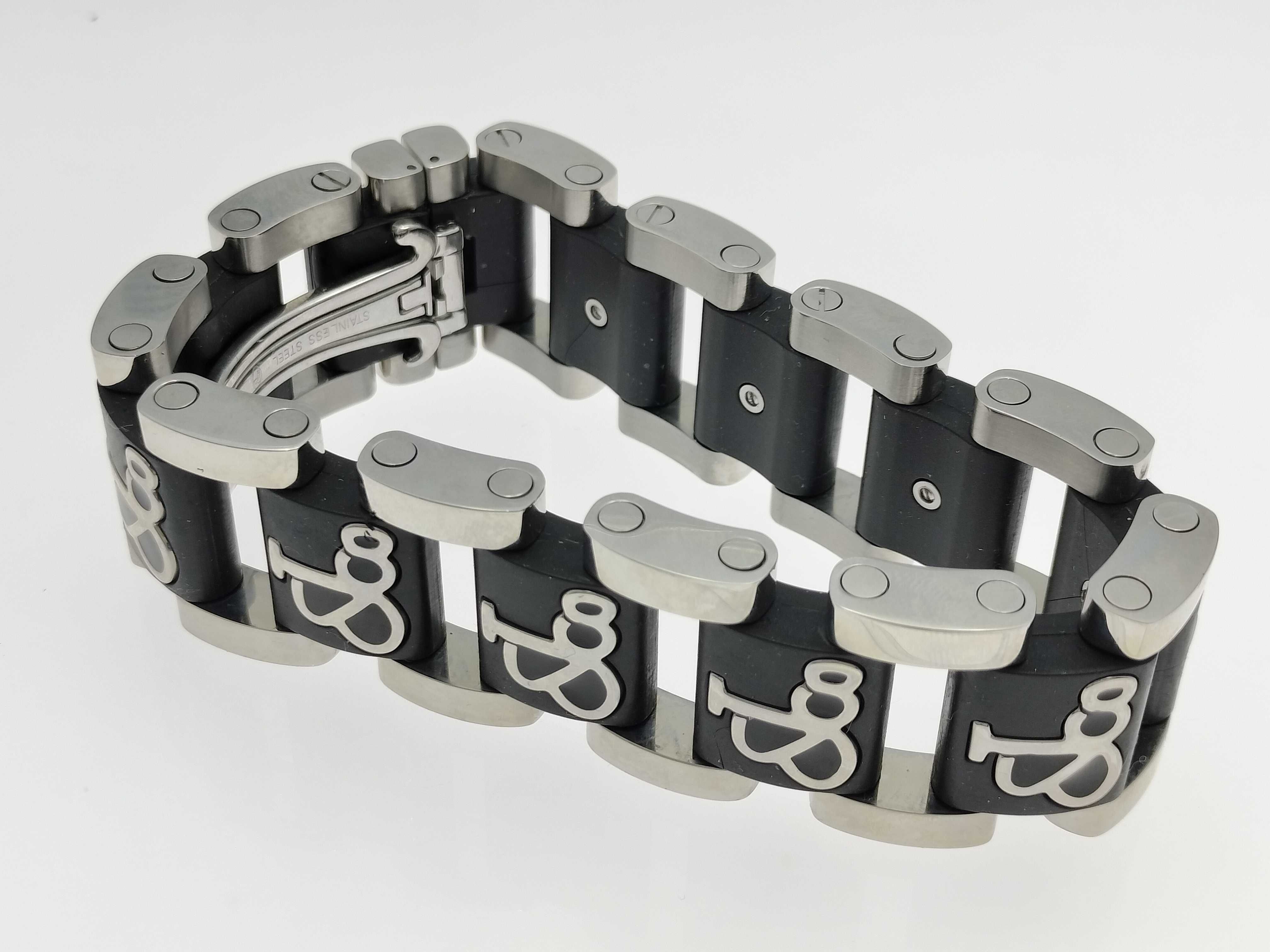 Stainless Steel and Black Composite Link Bracelet with GS Monogram