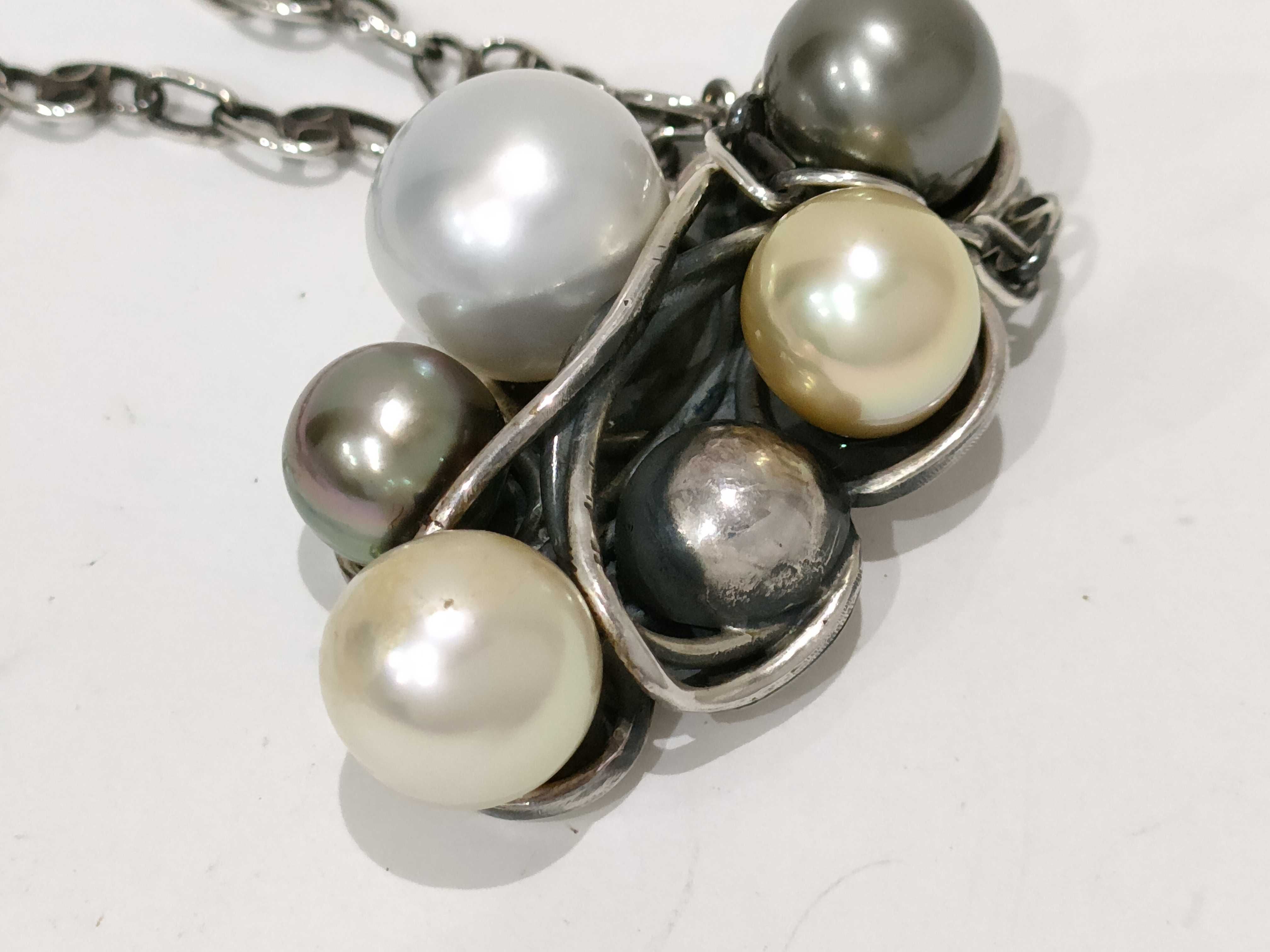 BeBe Kobo Silver and Multi-Tone Cultured Pearl Cluster Pendant Necklace