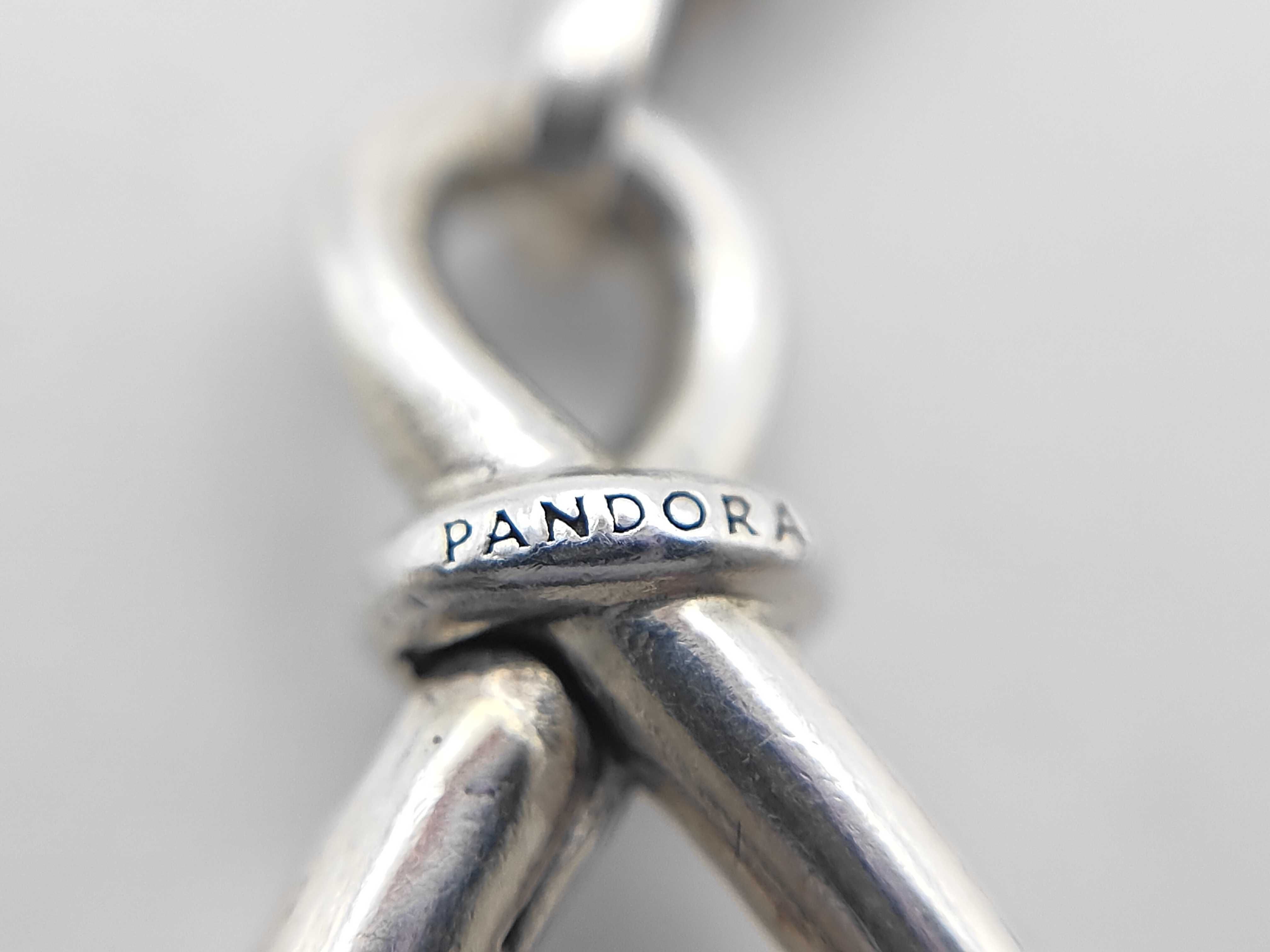 Pandora Sterling Silver Snake Chain Bracelet with Infinity Knot Clasp, Four Charms, and Box