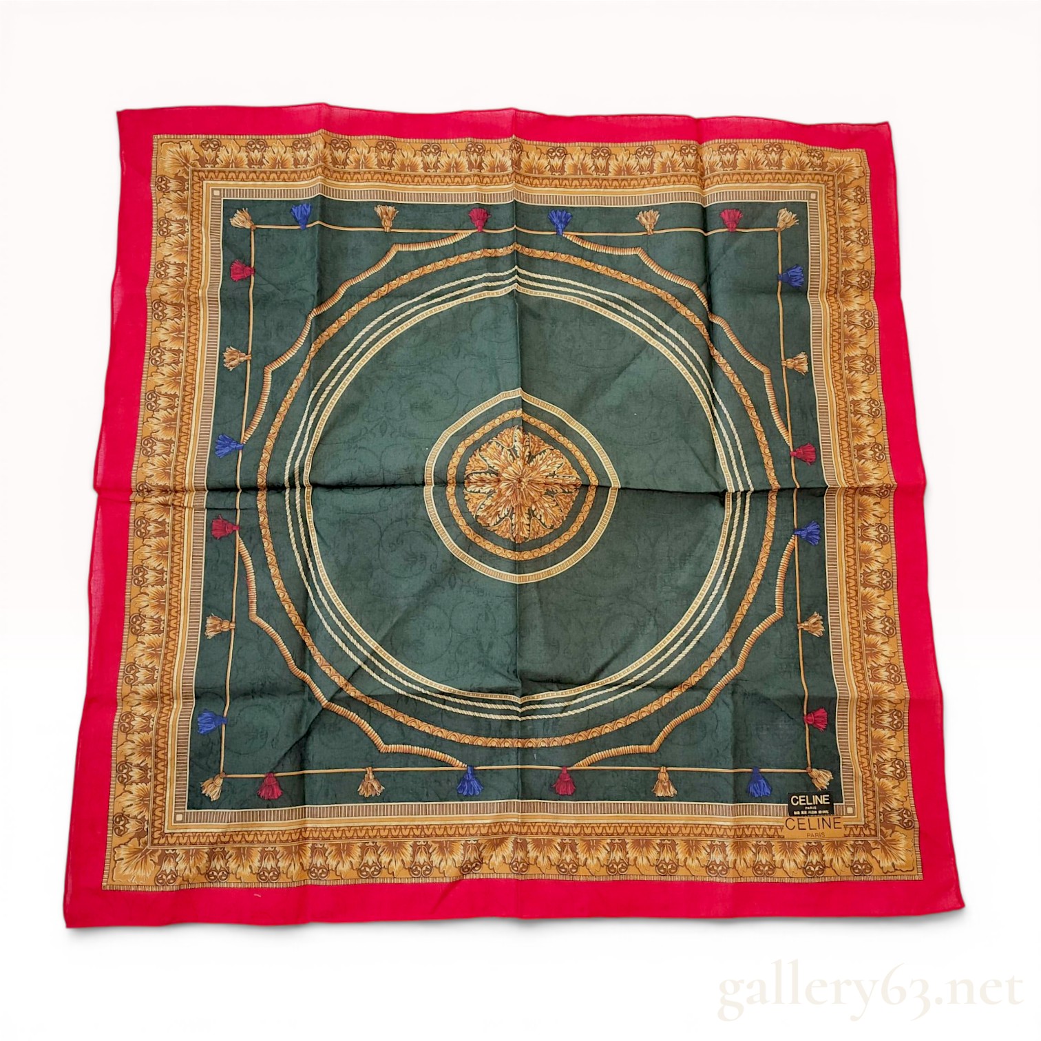 Celine Paris Vintage Cotton Scarf with Equestrian Baroque Tassel Motif