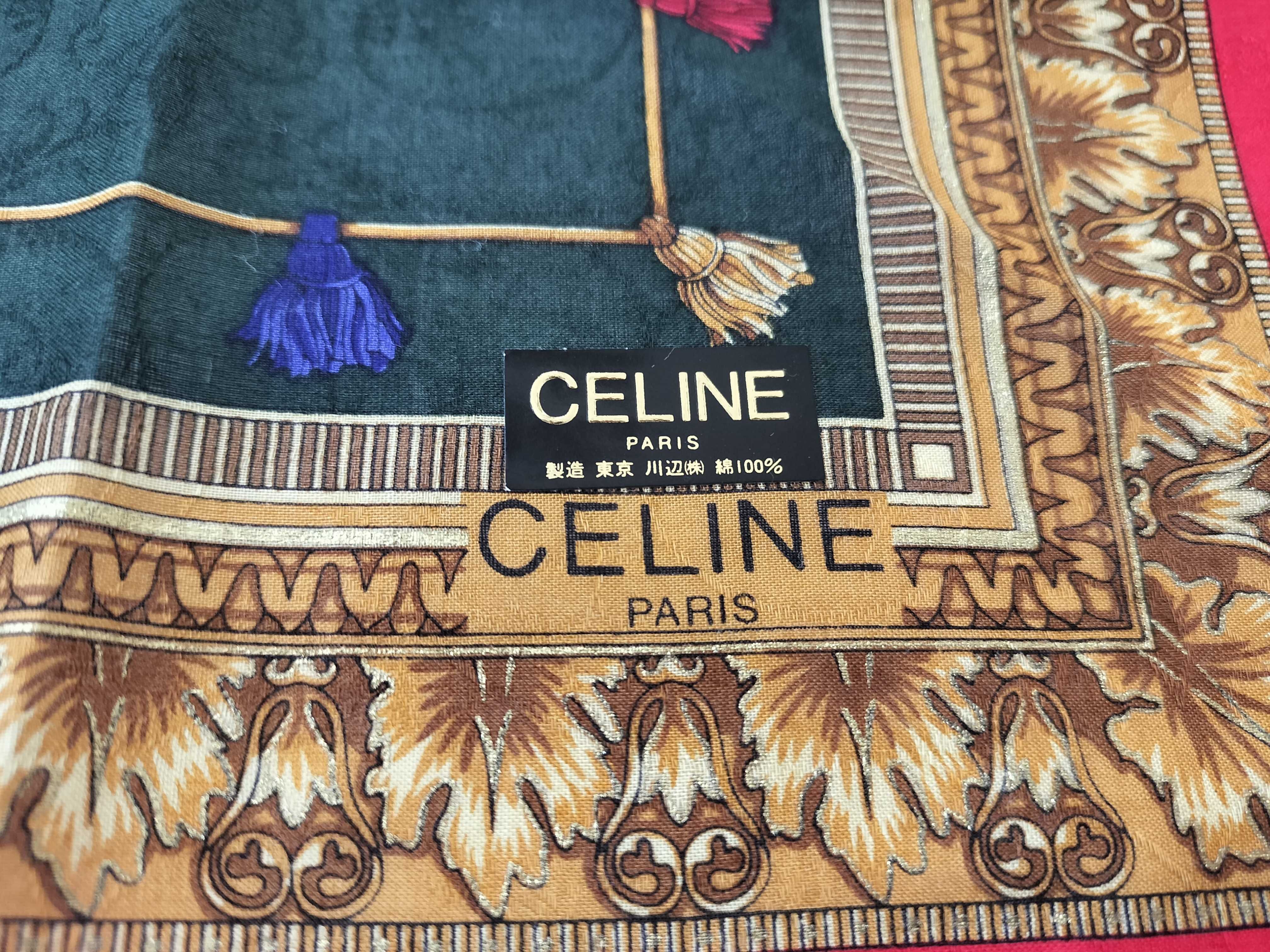 Celine Paris Vintage Cotton Scarf with Equestrian Baroque Tassel Motif