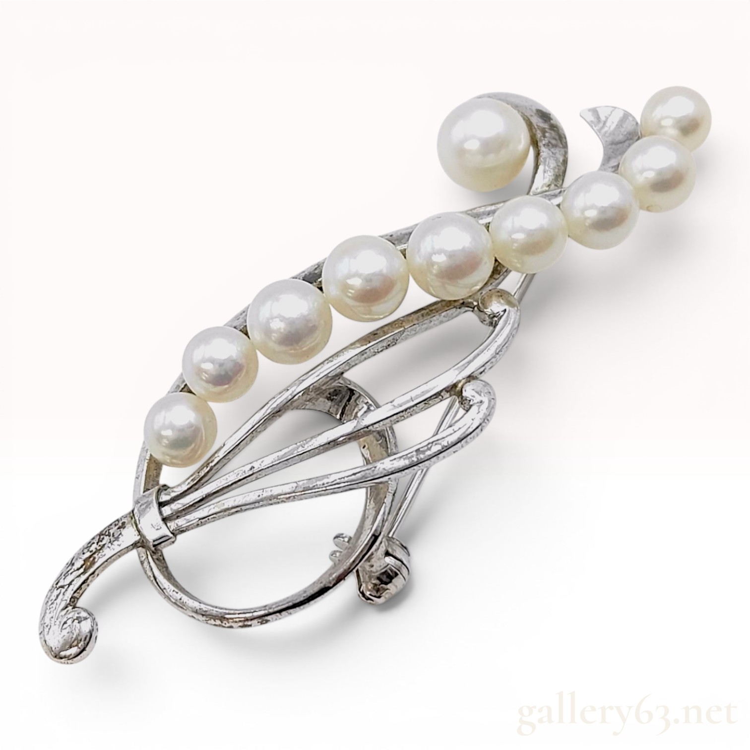 Mikimoto Sterling Silver and Graduated Cultured Pearl Spray Brooch