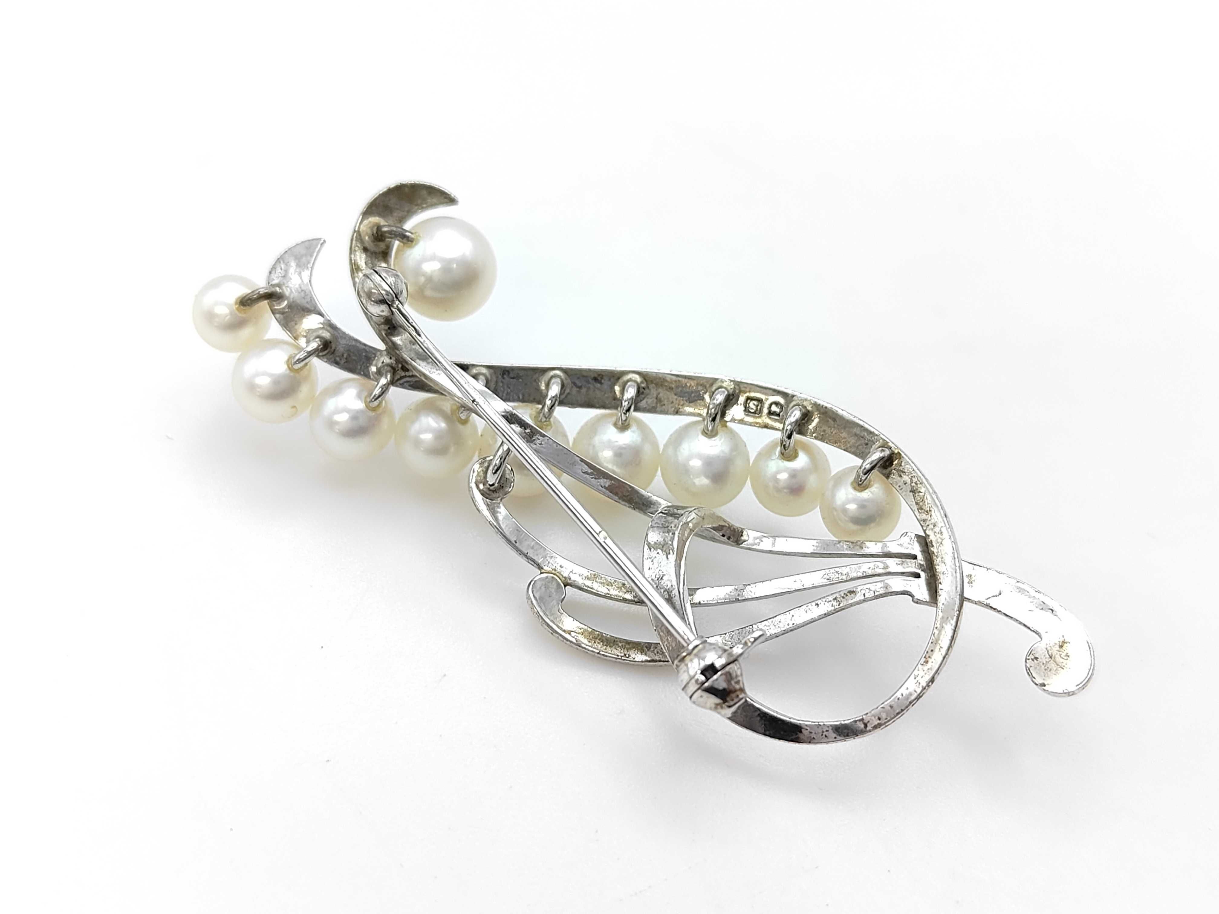 Mikimoto Sterling Silver and Graduated Cultured Pearl Spray Brooch