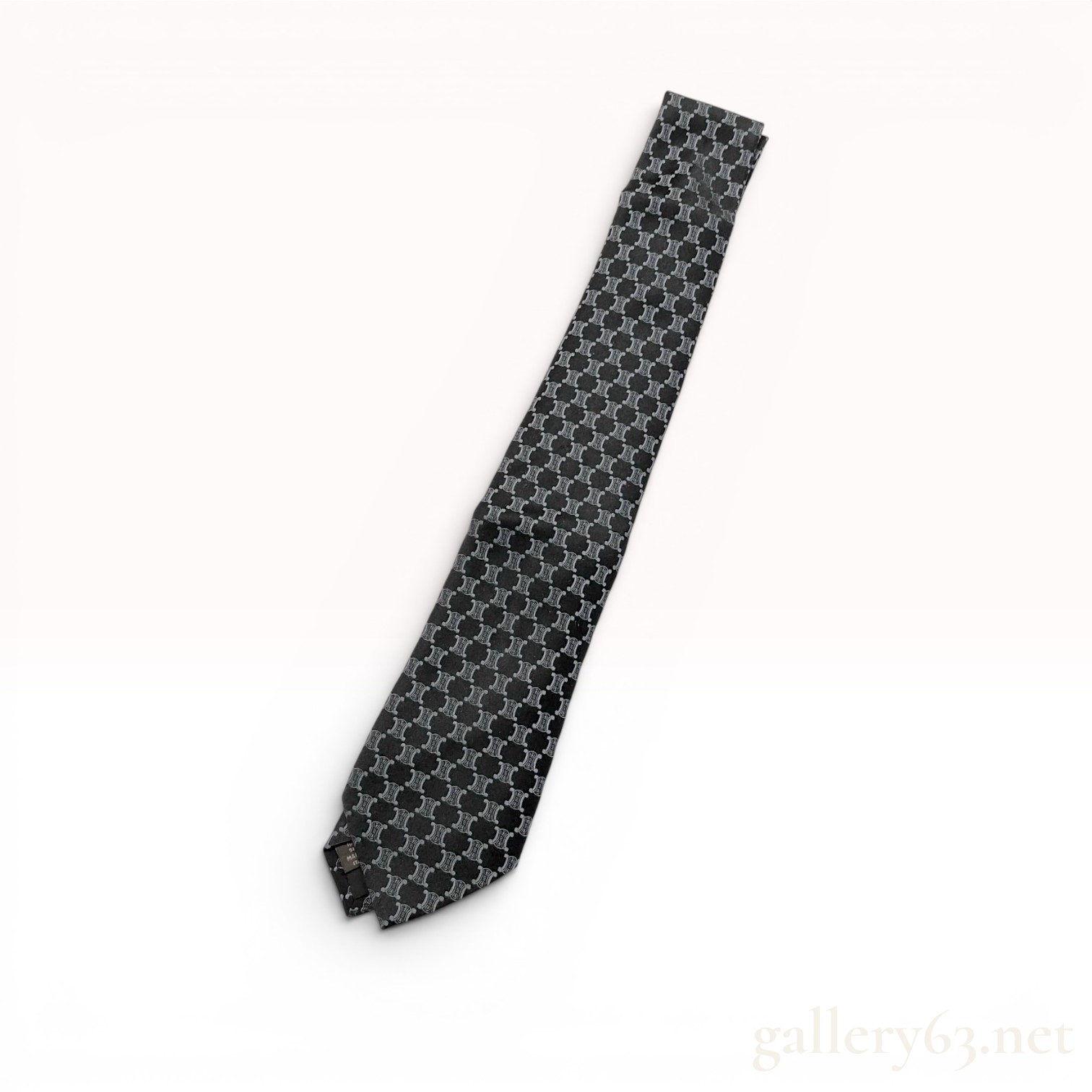 Celine Men's Black Silk Necktie with Silver-Grey Triomphe Motif