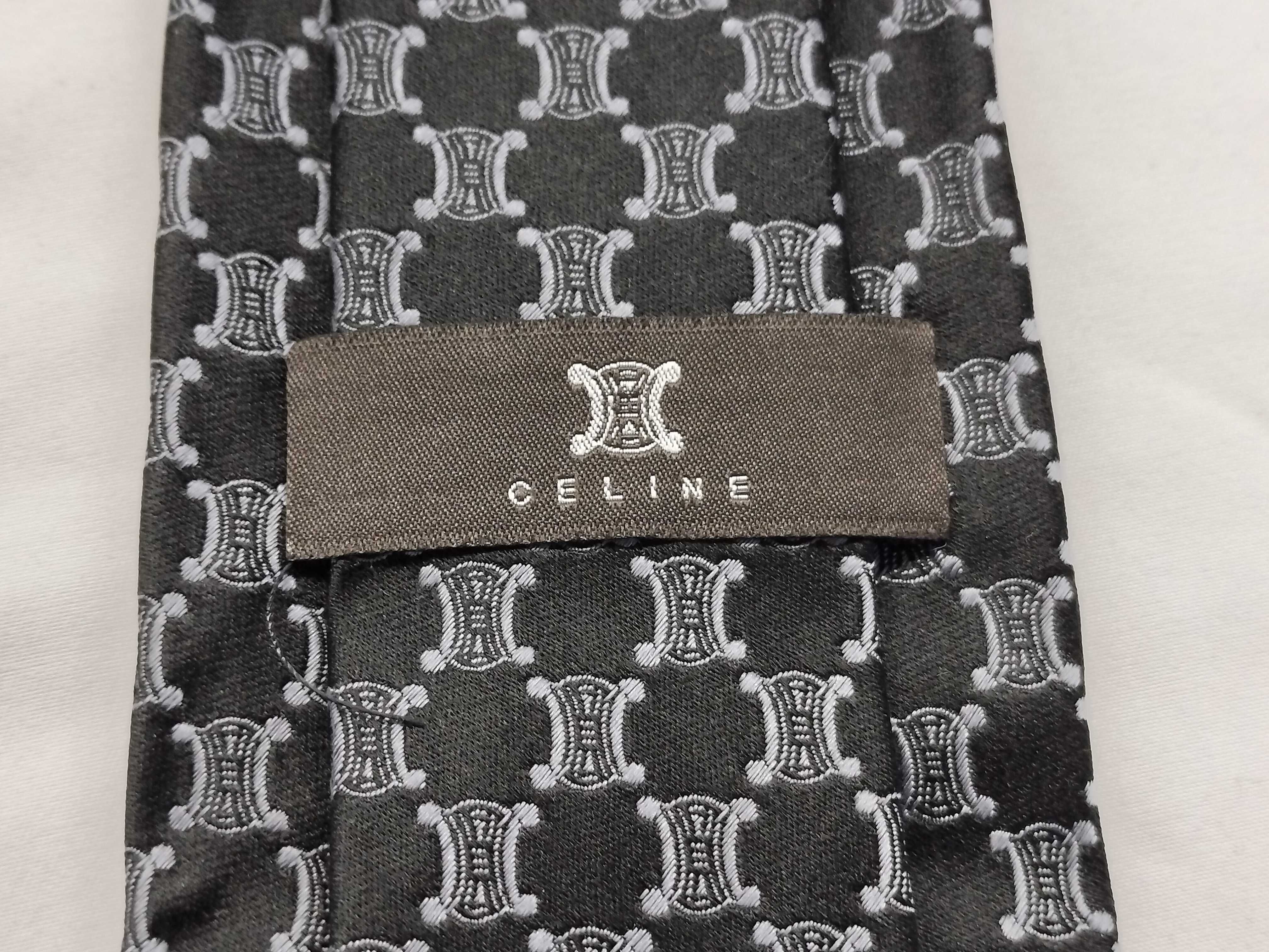 Celine Men's Black Silk Necktie with Silver-Grey Triomphe Motif