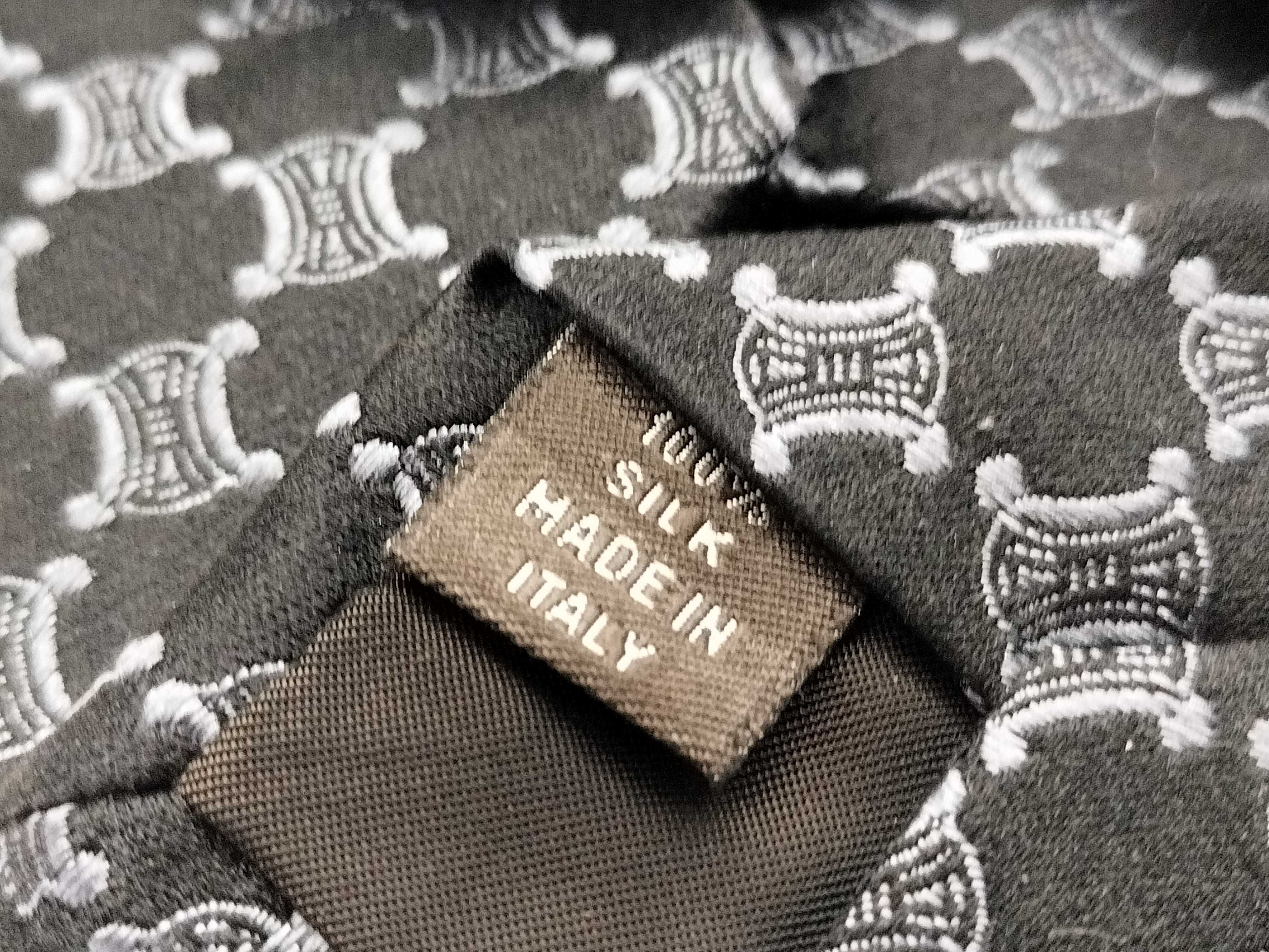 Celine Men's Black Silk Necktie with Silver-Grey Triomphe Motif