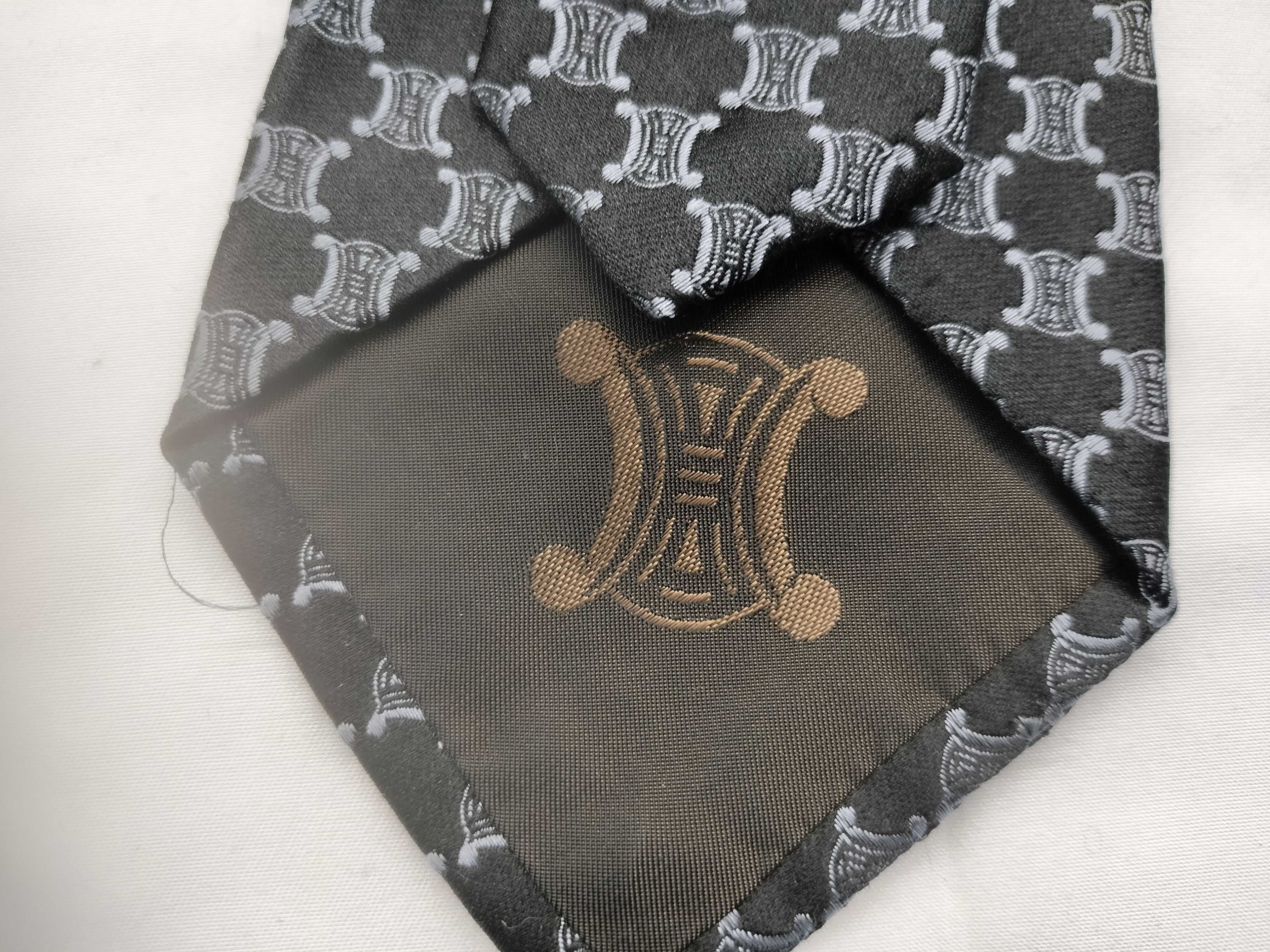 Celine Men's Black Silk Necktie with Silver-Grey Triomphe Motif