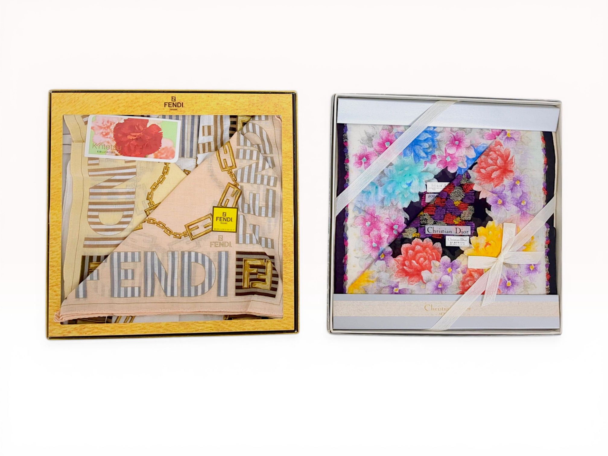 Two Designer Cotton Scarf Box Sets by Fendi and Christian Dior