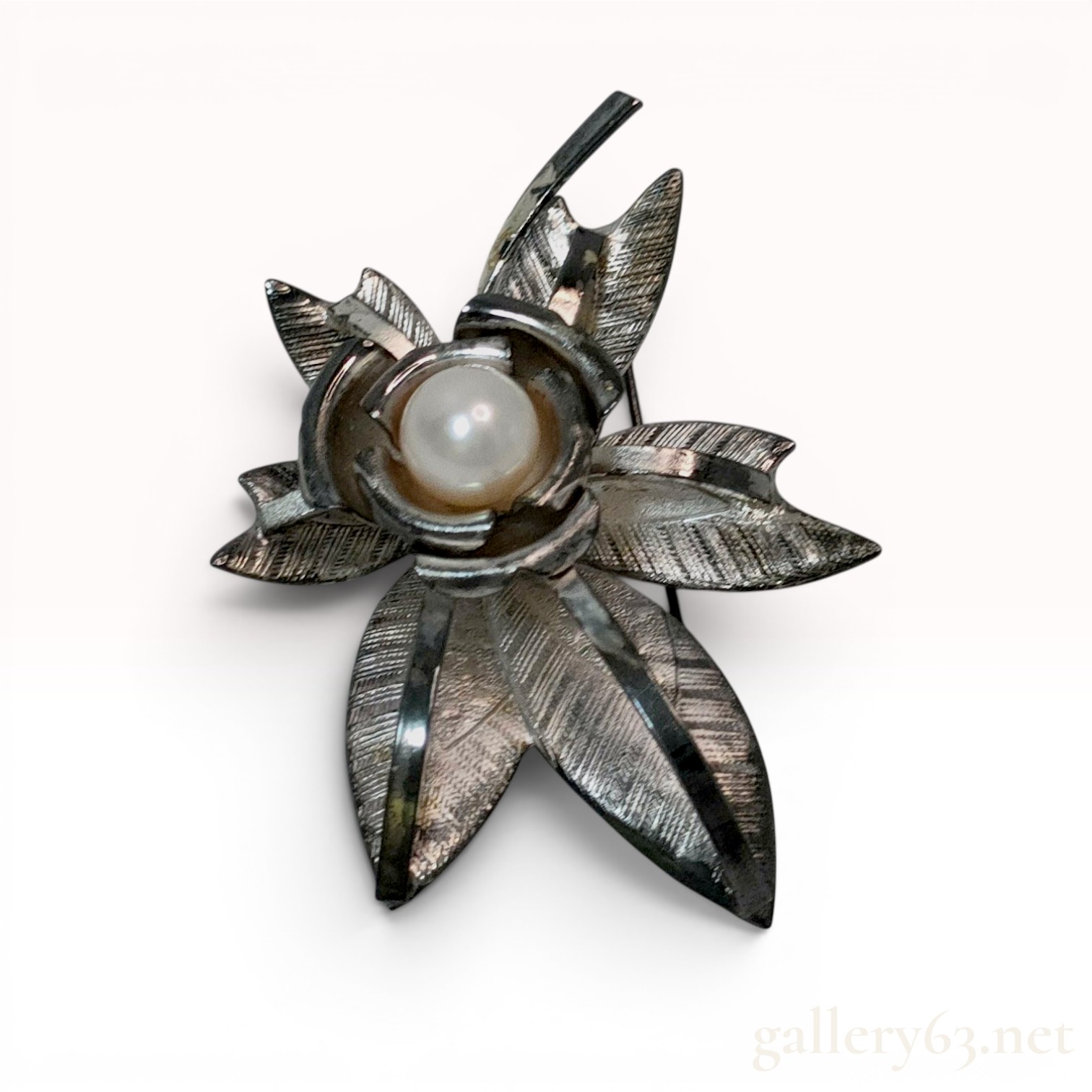 Vintage Silver Floral Spray Brooch with Central Pearl
