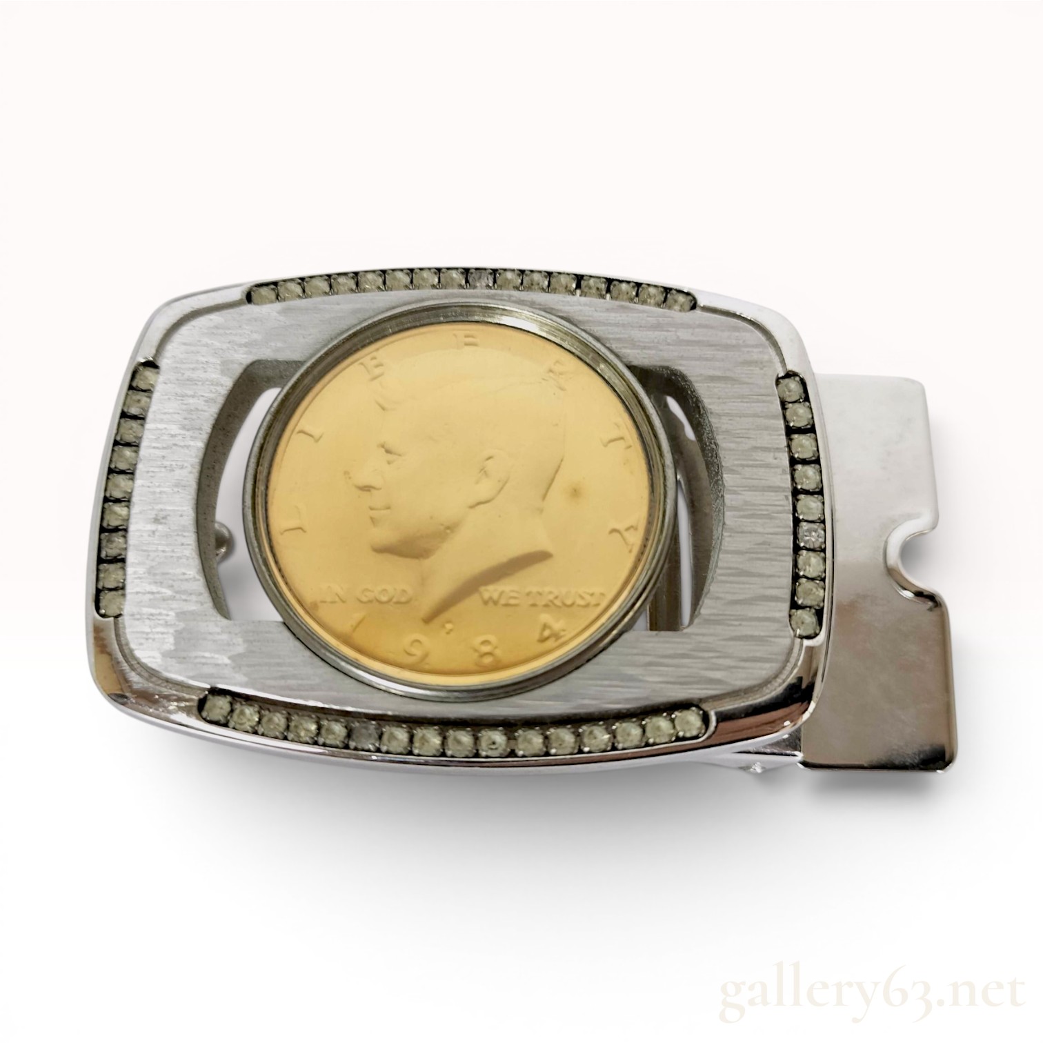 Silver-Toned and Gold-Toned Rhinestone-Bordered 1984 Kennedy Half Dollar Belt Buckle