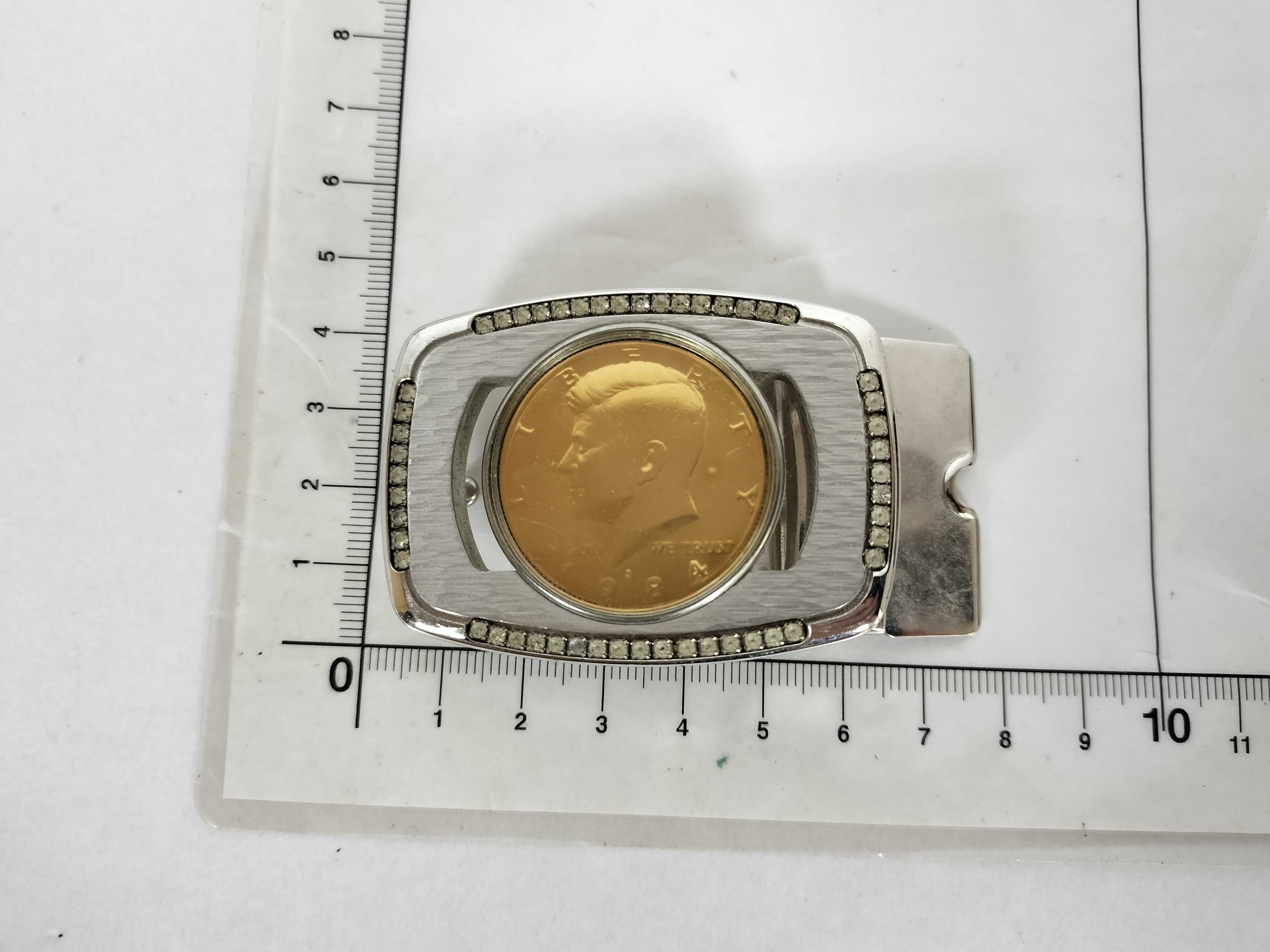 Silver-Toned and Gold-Toned Rhinestone-Bordered 1984 Kennedy Half Dollar Belt Buckle
